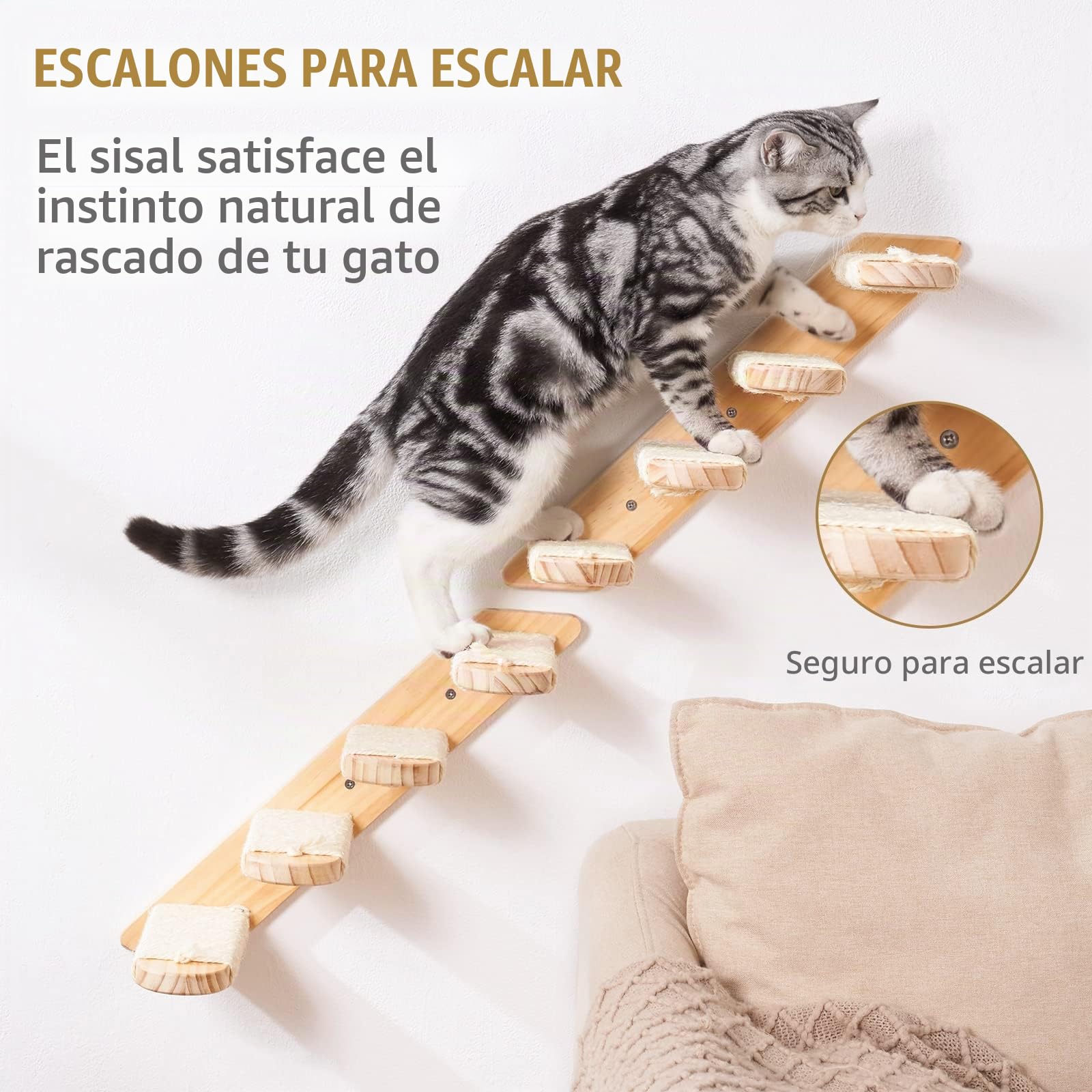 Arbol para Gatos Pared, Escalera de Madera Cuerda Sisal para Trepadores | DaizySight Escalera para Gatos Estantes para Escalada, 4 Escalon Accesorios de Gimnasio Gatos Montadas en la Pared de Madera