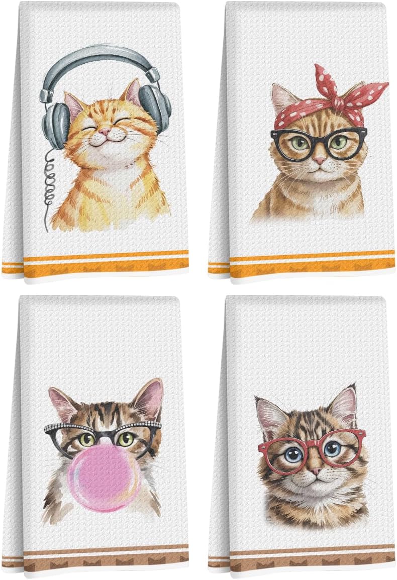 4Pcs Cat Kitchen Towels 24×14 Inch, Reusable Cleaning Dish Towels for Home Kitchen Bathroom Farmhouse Decor, Waffle Weave Absorbent Hand Cloth Tea Towel, Cat Lover Gifts for Women Mom Friend Grandma