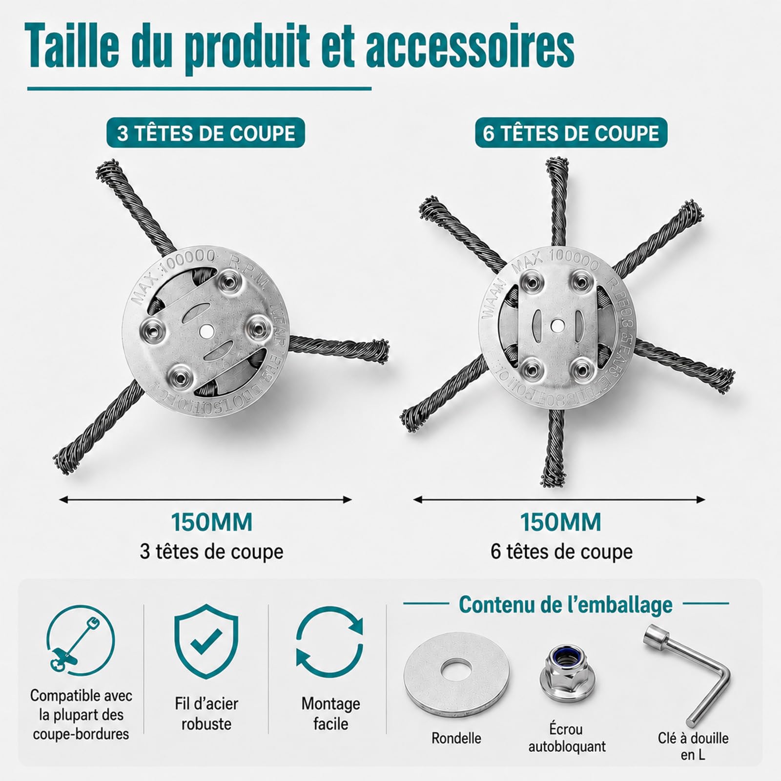 Vultriox pour debroussailleuse Tête de Coupe en Acier 150 mm, Brosse Désherbage pour Débroussailleuse et Coupe-Bordures, Herbe, Mousse et Joints (2, 6 Branches)