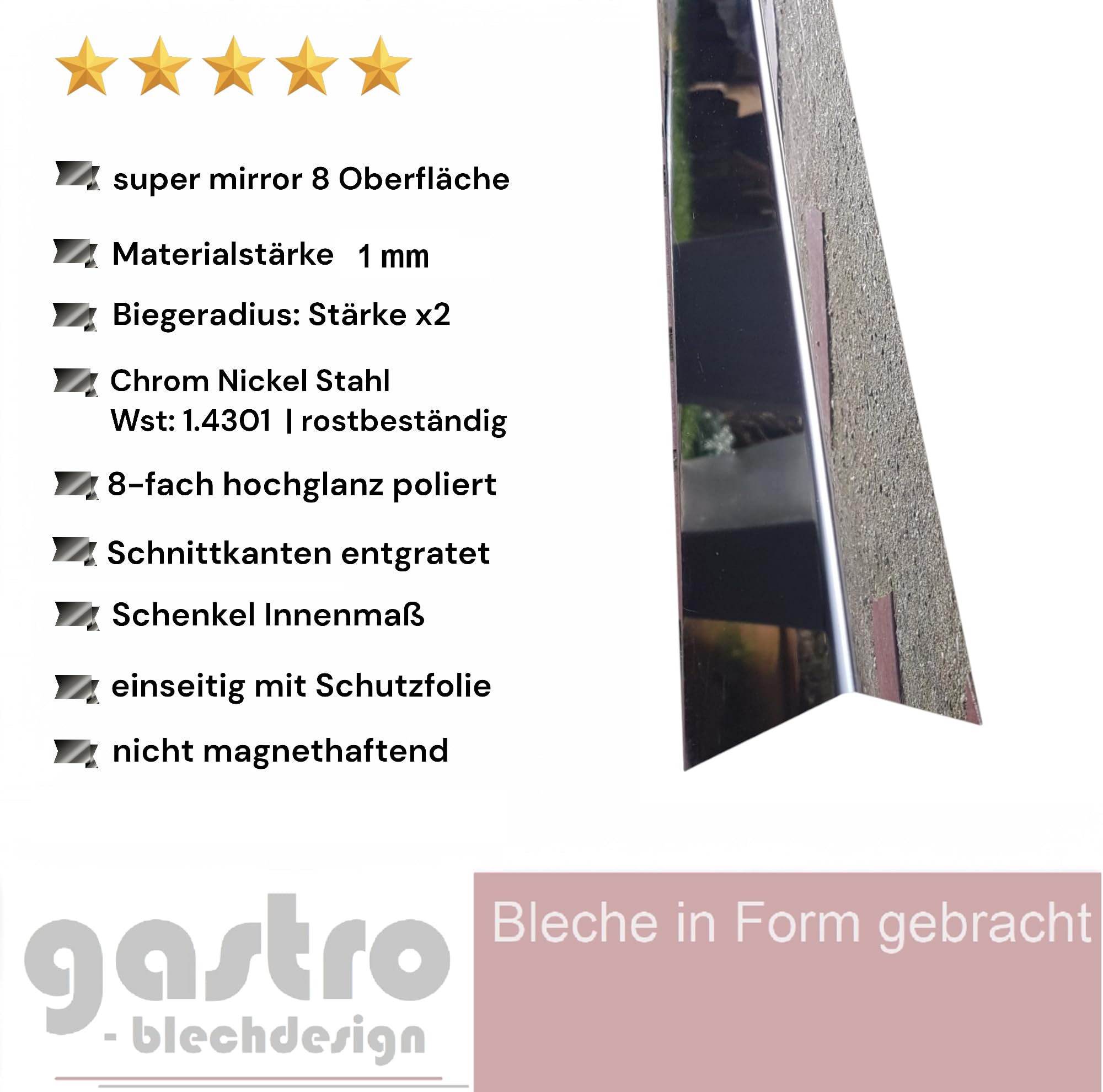 Edelstahl Winkel, 2500mm Winkel Profil 30x15 mm Schenkelinnenmaß aus Edelstahl hochglanz poliert, super mirror8, 1 mm stark L Profil, Winkelblech,