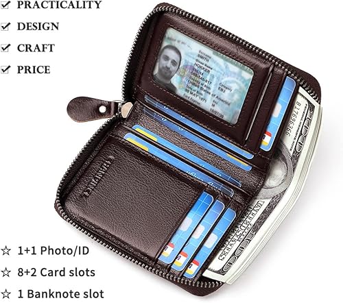 Miniatura 5 de CHANPINCL Cartera de cuero genuino con cremallera RFID segura de gran capacidad para hombres y tarjetas de extracción, Cuero curtido vegetal marrón,