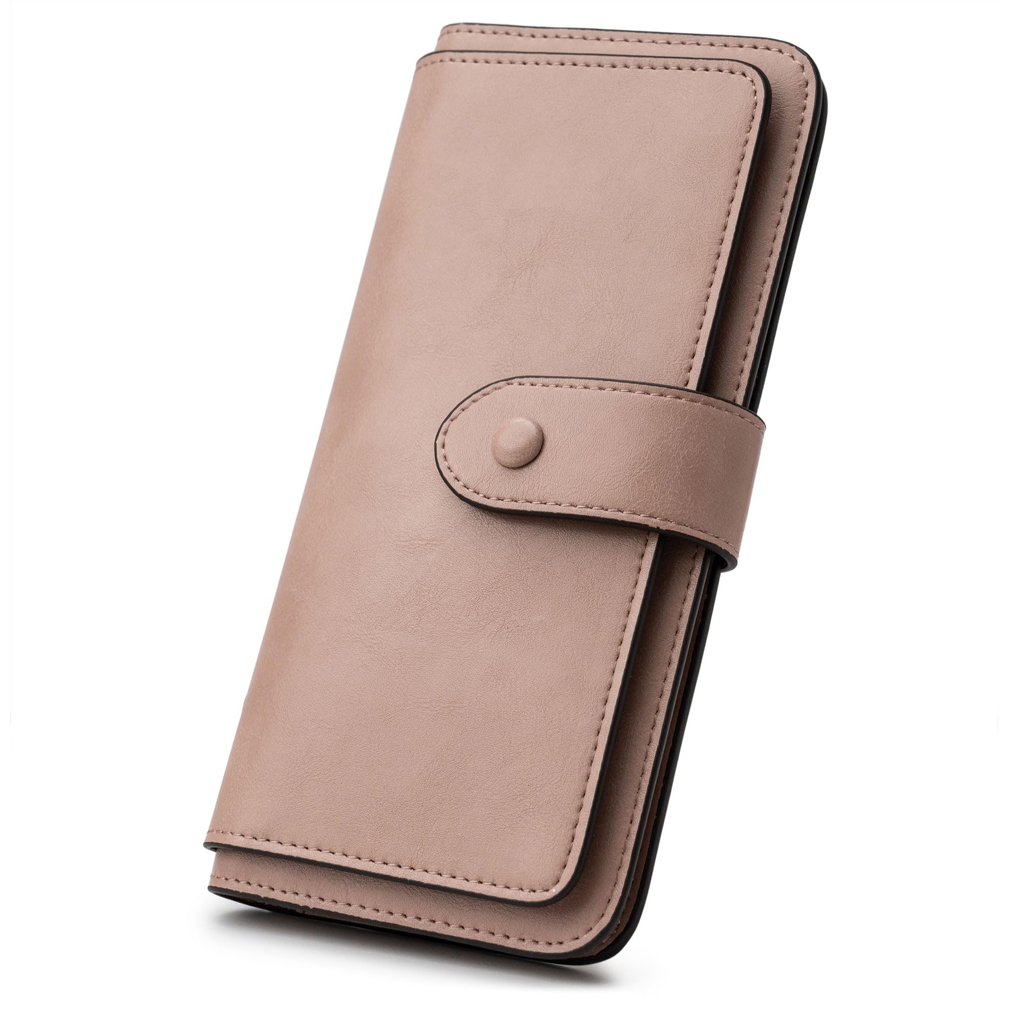 RFID Blocking Leather Wallet for Women, Slim Trifold with 14 Card Slots and Zipper Pocket (Dark Pink)