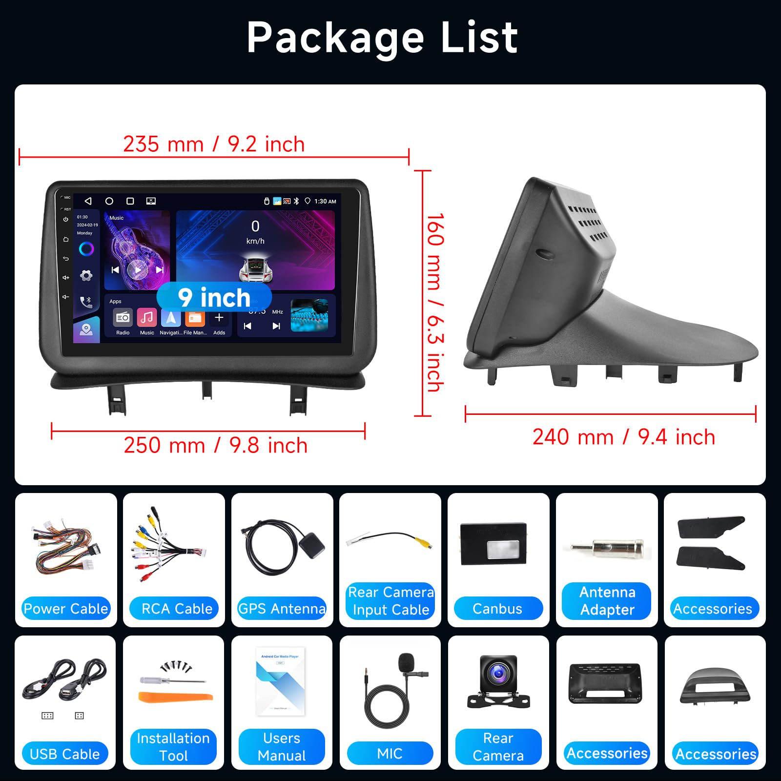 4G+64G Android Autoradio per Renault Clio 3th 2005-2014 Carplay Android Auto Wireless, Hodozzy 9 Pollici Touch Screen Auto Stereo 2 Din GPS Navigazione, WiFi, Bluetooth DSP, Radio FM/RDS+ Retrocamera