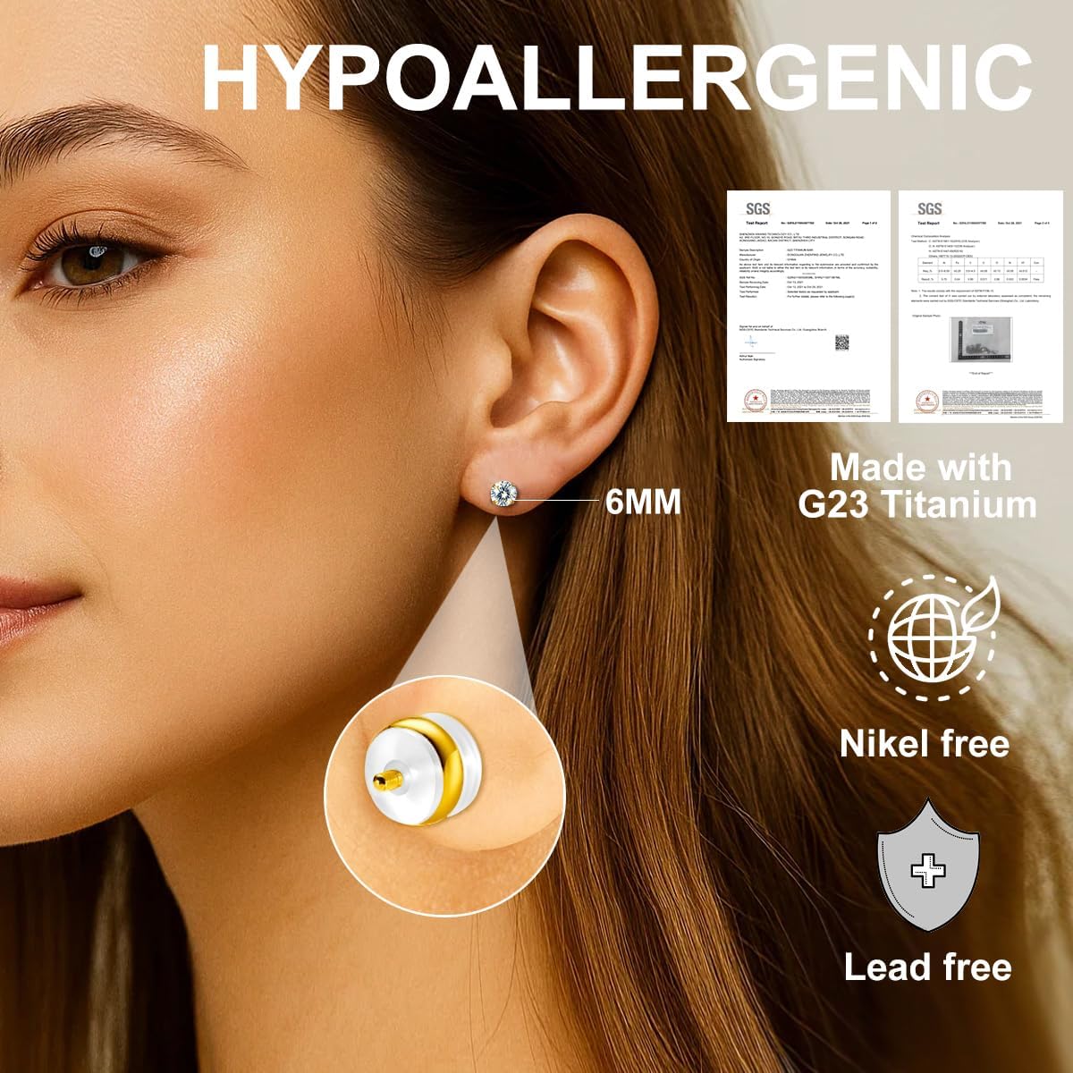 VOJO G23 Titanium Moissanite Stud Earrings, Hypoallergenic Earrings for Women & Men - Image 2