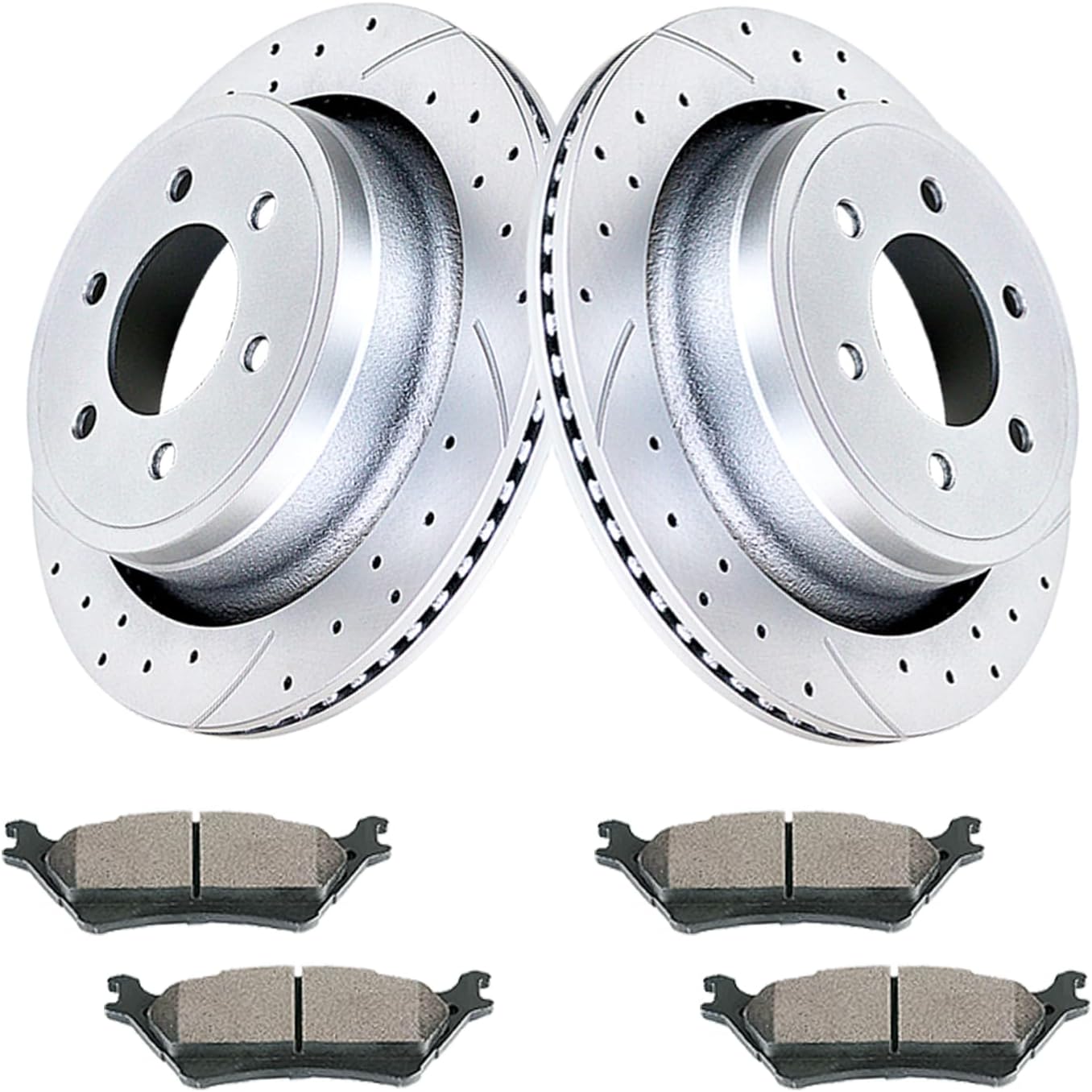 Rear Brake Kit Drilled and Slotted Disc Brake Rotors Ceramic Brake Pads Replacement for 2012-2014 Ford F-150 2015-2020 Ford F-150 6 LUG Manual Parking Brake
