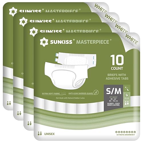 SUNKISS Masterpiece Adult Diapers with Tabs, Unisex Disposable Incontinence Briefs for Women and Men, Odor Control, White, Small/Medium, Previously M, 40 Count (4 Packs of 10) - Small/Medium - White (Case of 40)