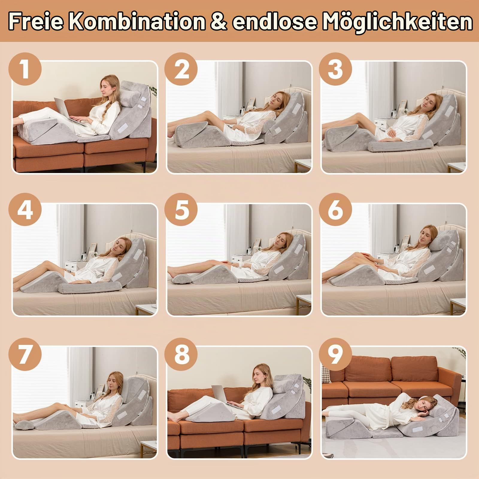 COSTWAY 6-teiliges orthopädische Kissen-Set, Memory-Schaum-Keilkissen mit Abnehmbarer Kopfstütze, bequemes und verstellbares Lesekissen Bettkeilkissen Rückenstützkissen zum Schlafen und Lesen
