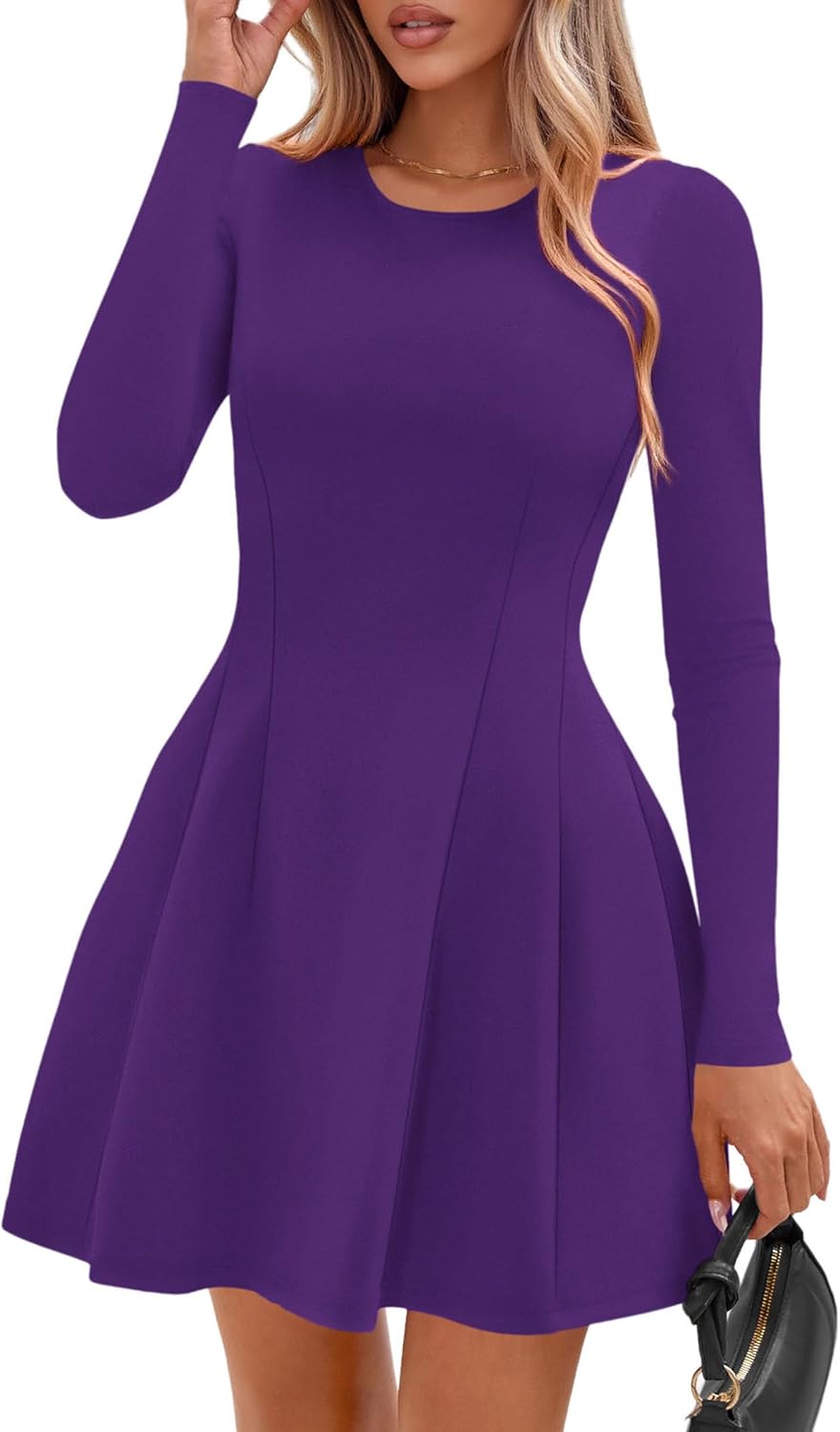 PRETTYGARDEN Long Sleeve Mini Dress for Women 2026 Spring Crewneck Knit Pleated Babydoll A Line Casual Short Party Dresses