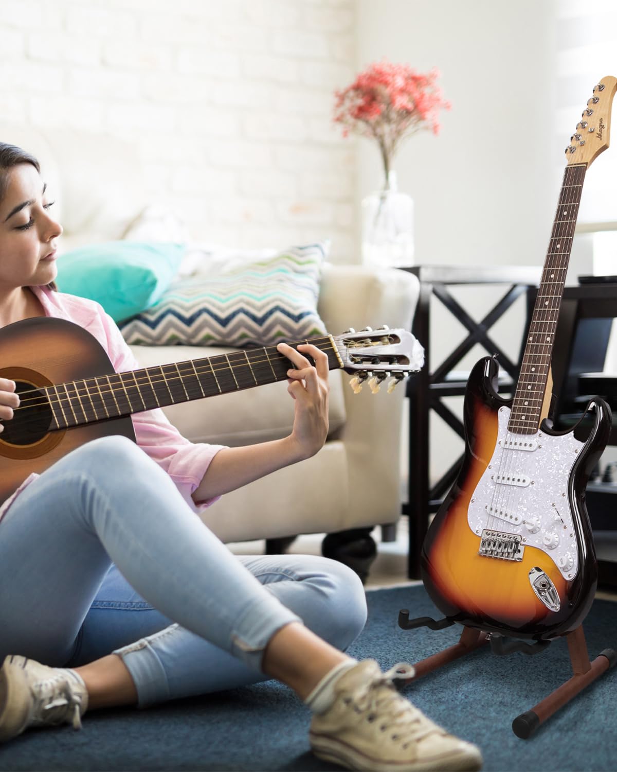 STRICH Supporto per chitarra in legno, pieghevole, stile A, per chitarra acustica, elettrica, da pavimento, per basso, violoncello, mandolino, banjo (colore noce)