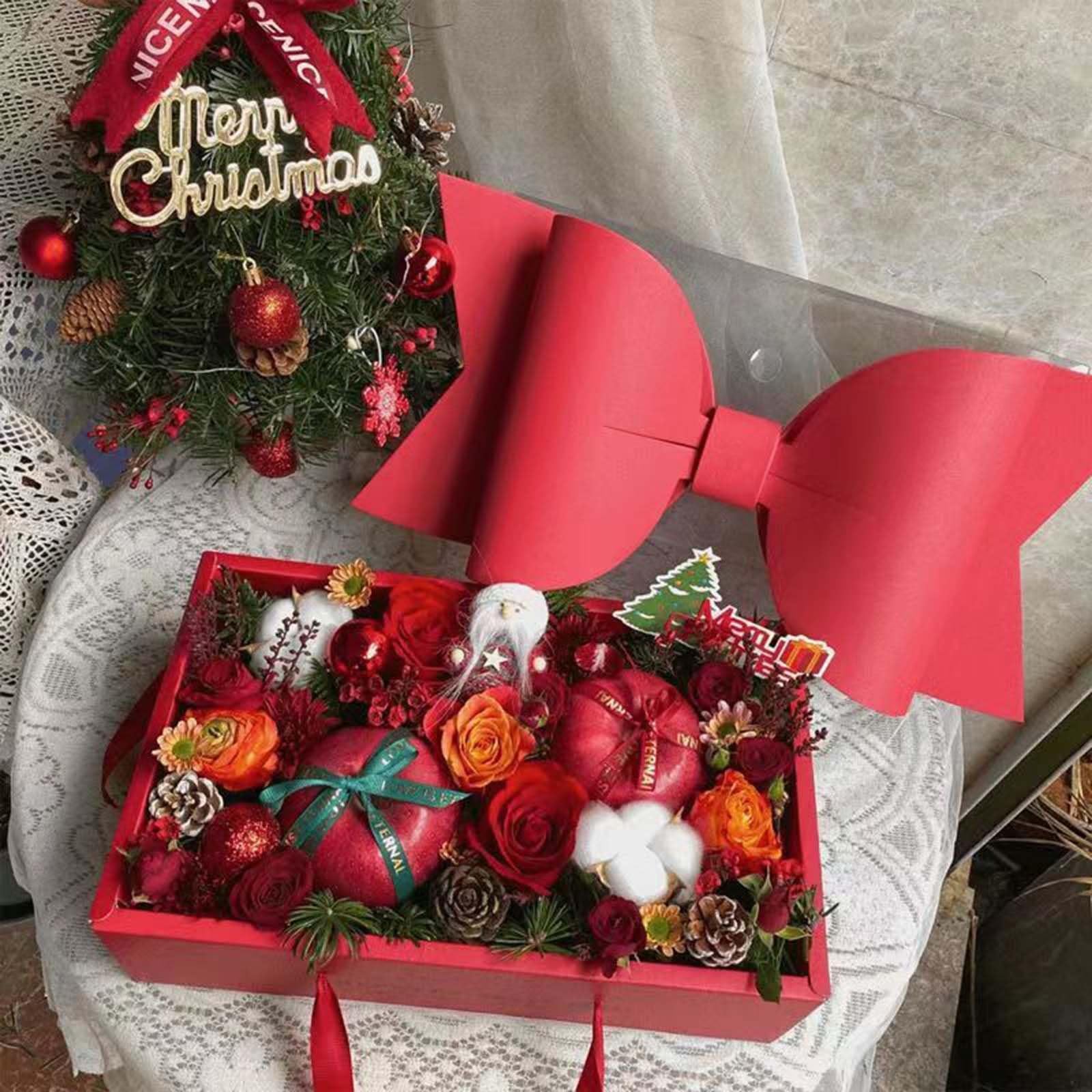 Confezione Regalo con Fiocco Grande 5 Pezzi con Manico, Scatola Regalo con Fiocco Rosso Scatola Regalo con Fiori per, Natale, Matrimonio, Compleanno, Festa, Bomboniera