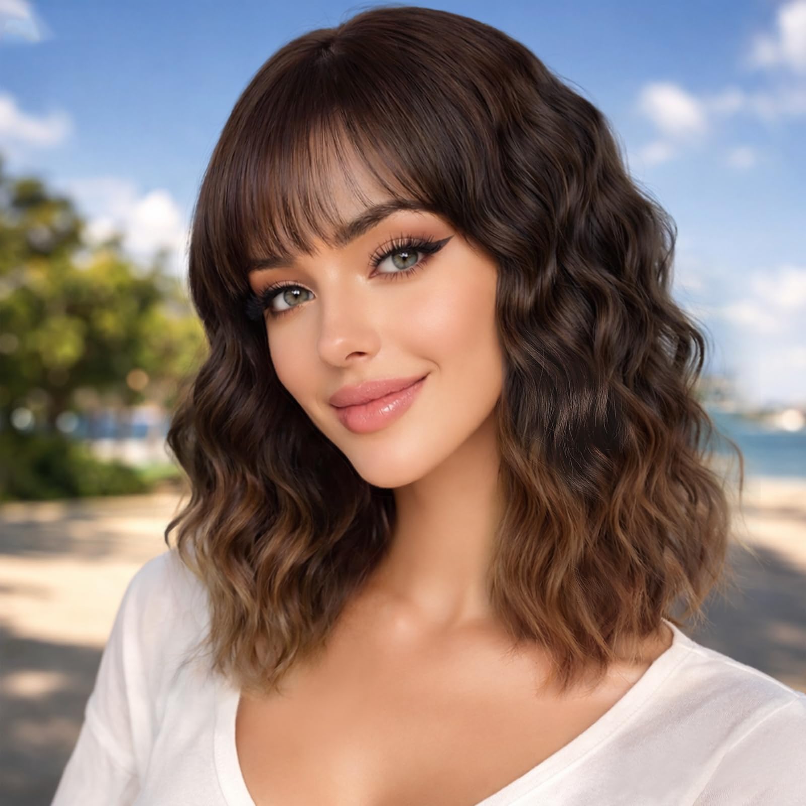 XIXIBI Short Wig with Bangs Ombre Brown Wavy Wig for Women Natural Looking Synthetic 14 Inch Bob Hair for Daily Cosplay Party Use