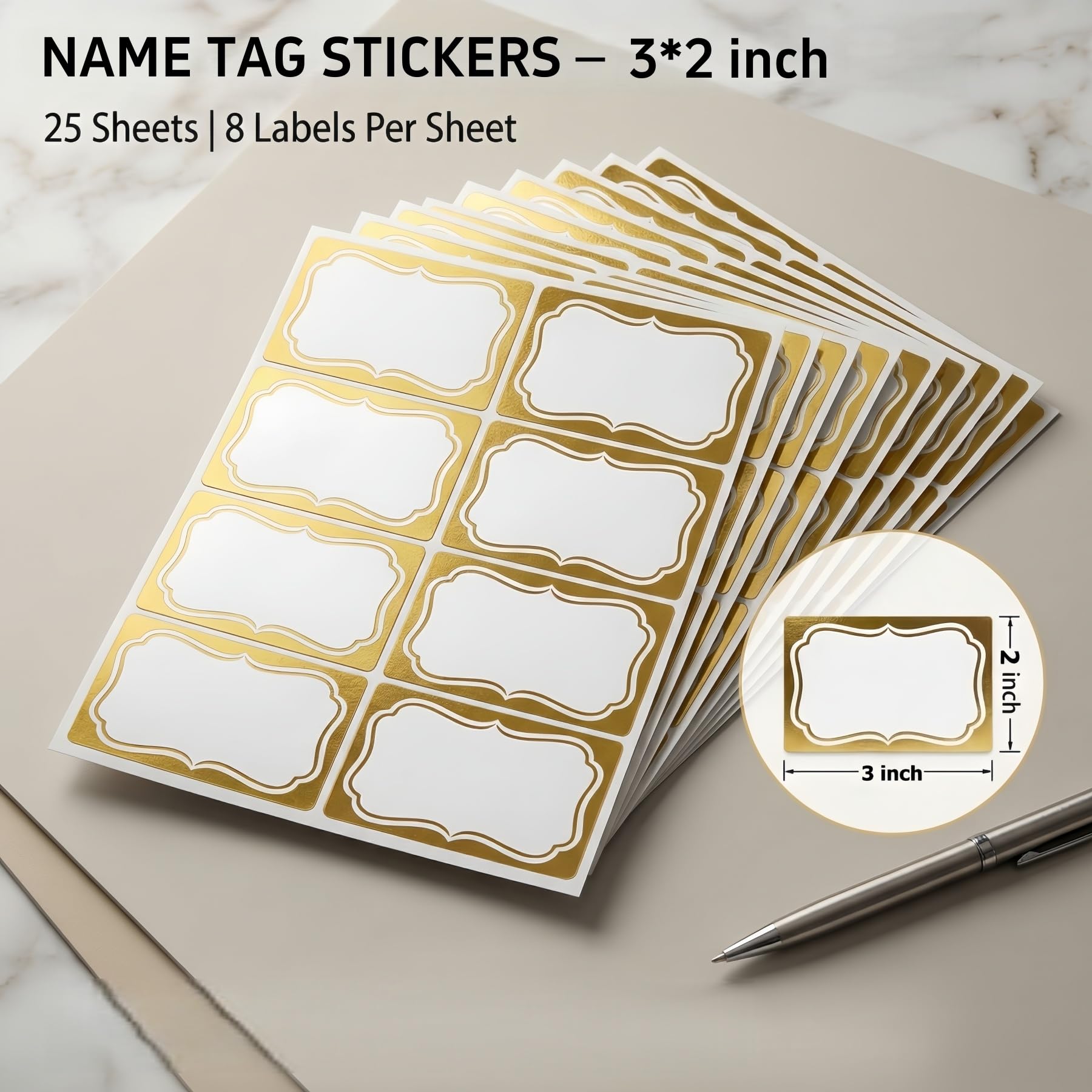 Goldene Namensschild-Aufkleber, 200 Stück, 5,1 x 7,6 cm, große selbstklebende Namensetiketten mit elegantem Goldrand, leere Namensschilder für Klassenzimmer, Schule, Büro, Party, Konferenz