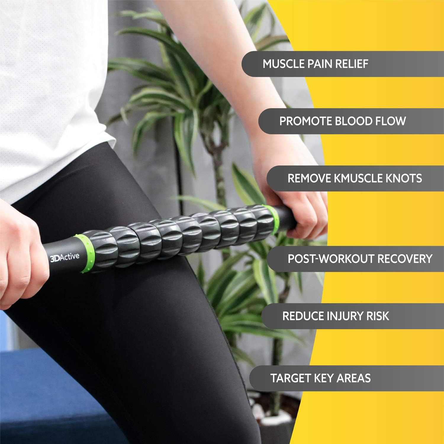 3DActive Massage Roller Stick for Muscle Recovery, Deep Tissue & Trigger Point Massage Muscleroller for Athletes for Post-Workout Recovery, Relieve Cramps & Release Muscle Tension - Green