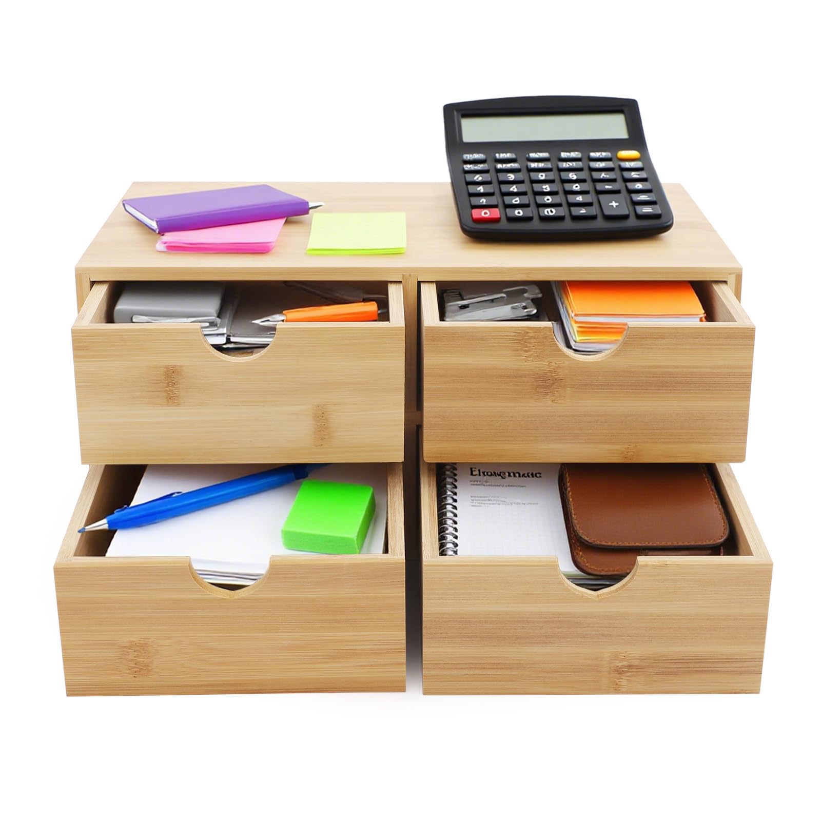 Organizer da scrivania con 4 cassetti, in legno di bambù, organizer da scrivania per riporre cosmetici, libri, lettere, 33 x 19 x 16 cm