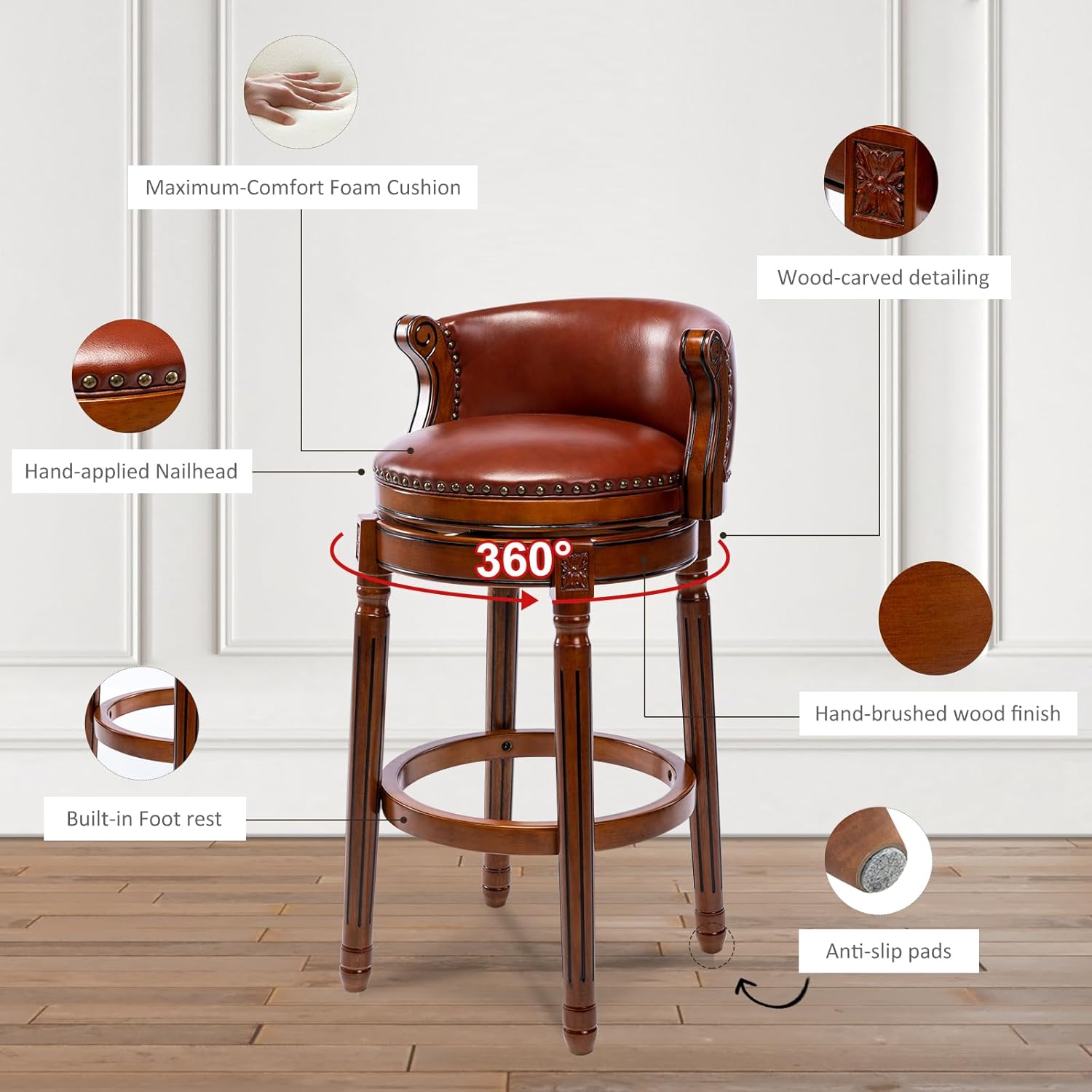 RAINMOOD Bar Stool, Mid-Century Modern Style Swivel Bar Stools with Leather Seat and Wooden Legs, Counter Chair for Kitchen Dining Room (Brown, Barstool-Seat Height 30)