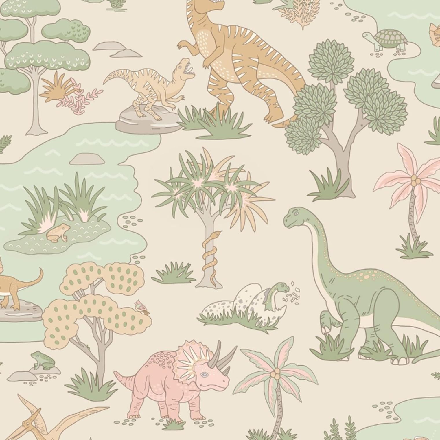 Kids Pink Dino Wallpaper Sage Beige Dinosaurs Snakes Frogs Feature Wall Bedroom Children 10meter roll