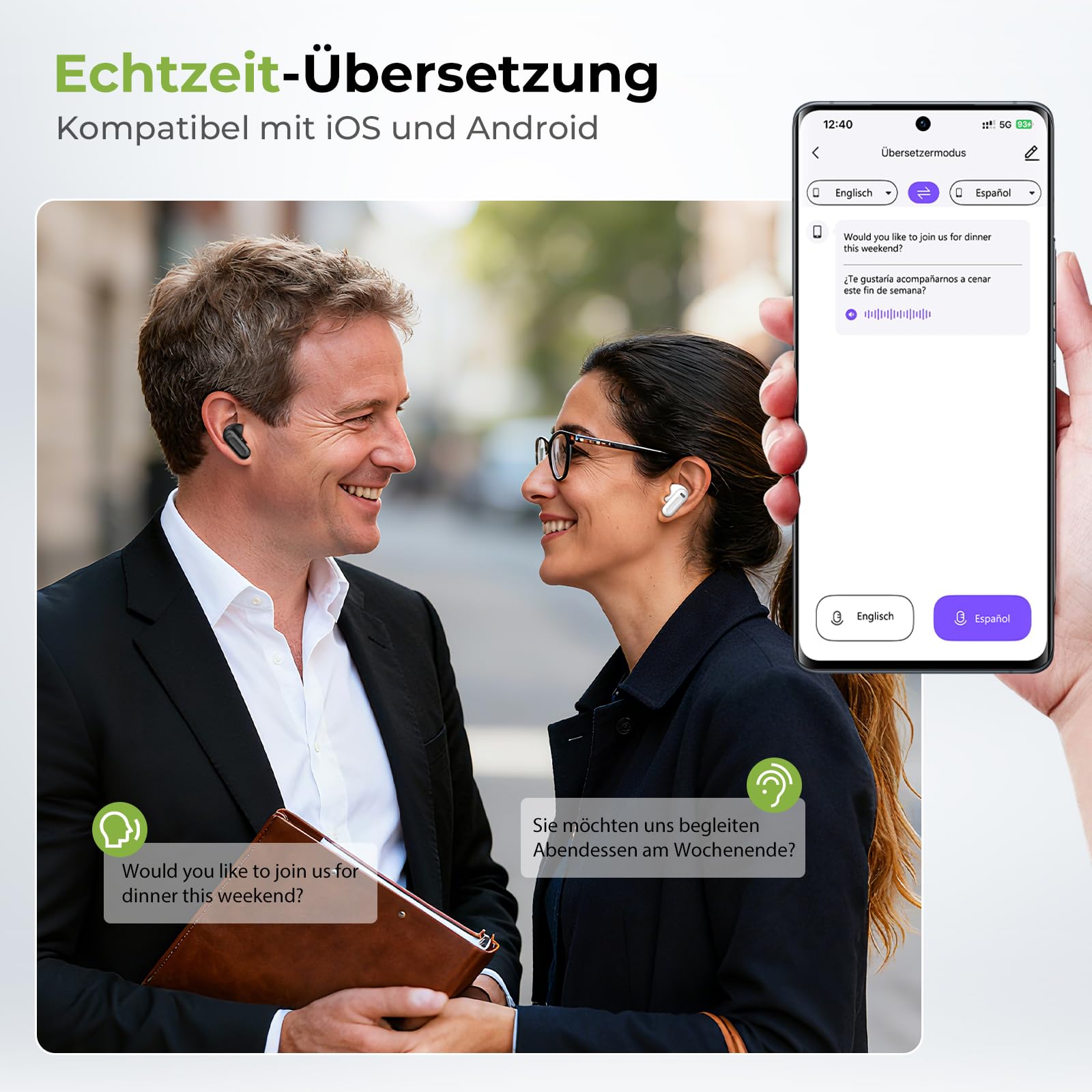 NE20 Ki Übersetzer Kopfhörer, 3-in-1 Übersetzungskopfhörer mit echtzeit übersetzung, 170 Sprachen Kopfhörer Übersetzer Echtzeit mit App, 50H Open Ear kopfhörer für iOS und Android Schwarz