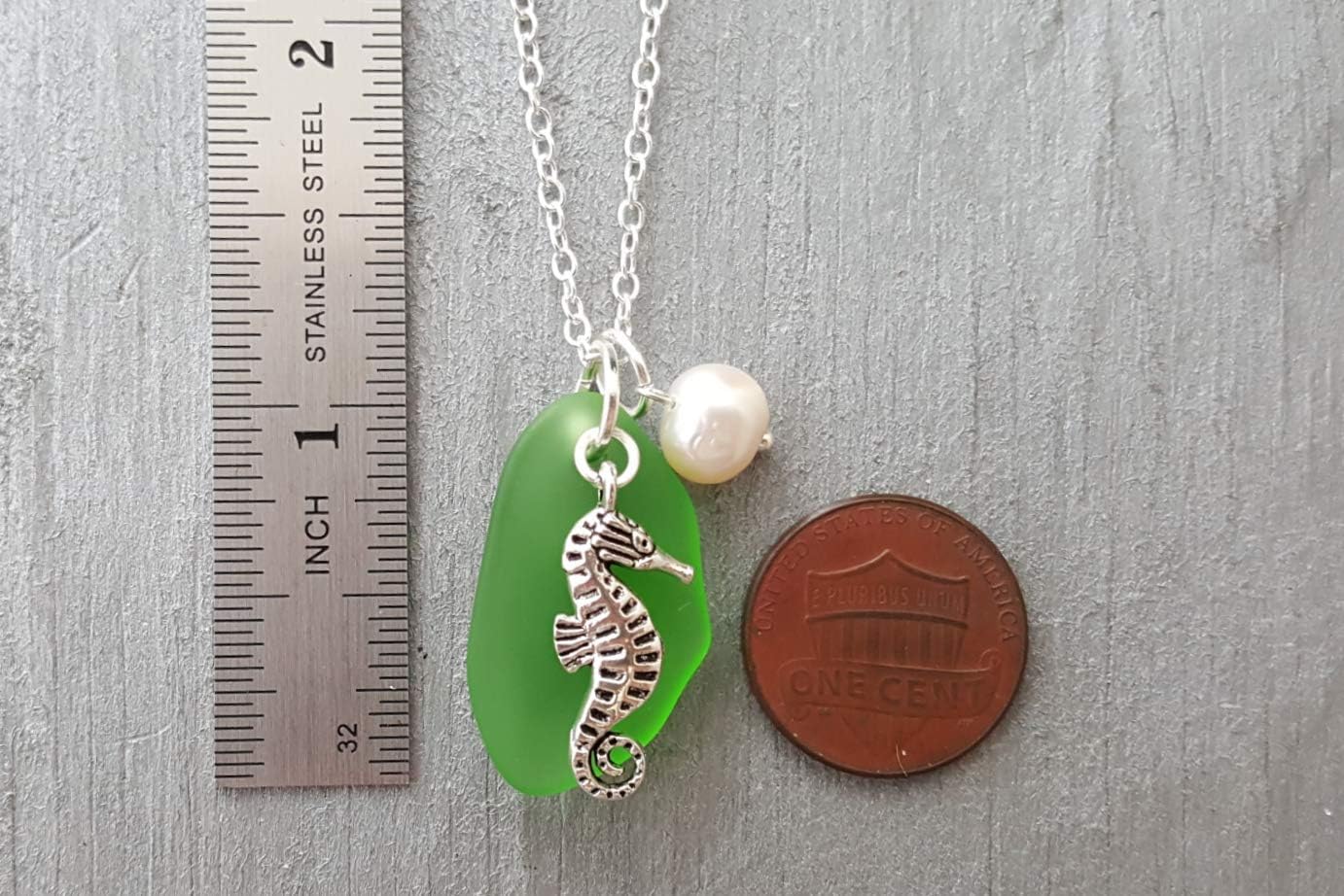 Handmade Emerald green sea glass necklace, May Birthstone, Seahorse charm, Natural pearl, (Hawaii Gift Wrapped, Customizable Gift Message)