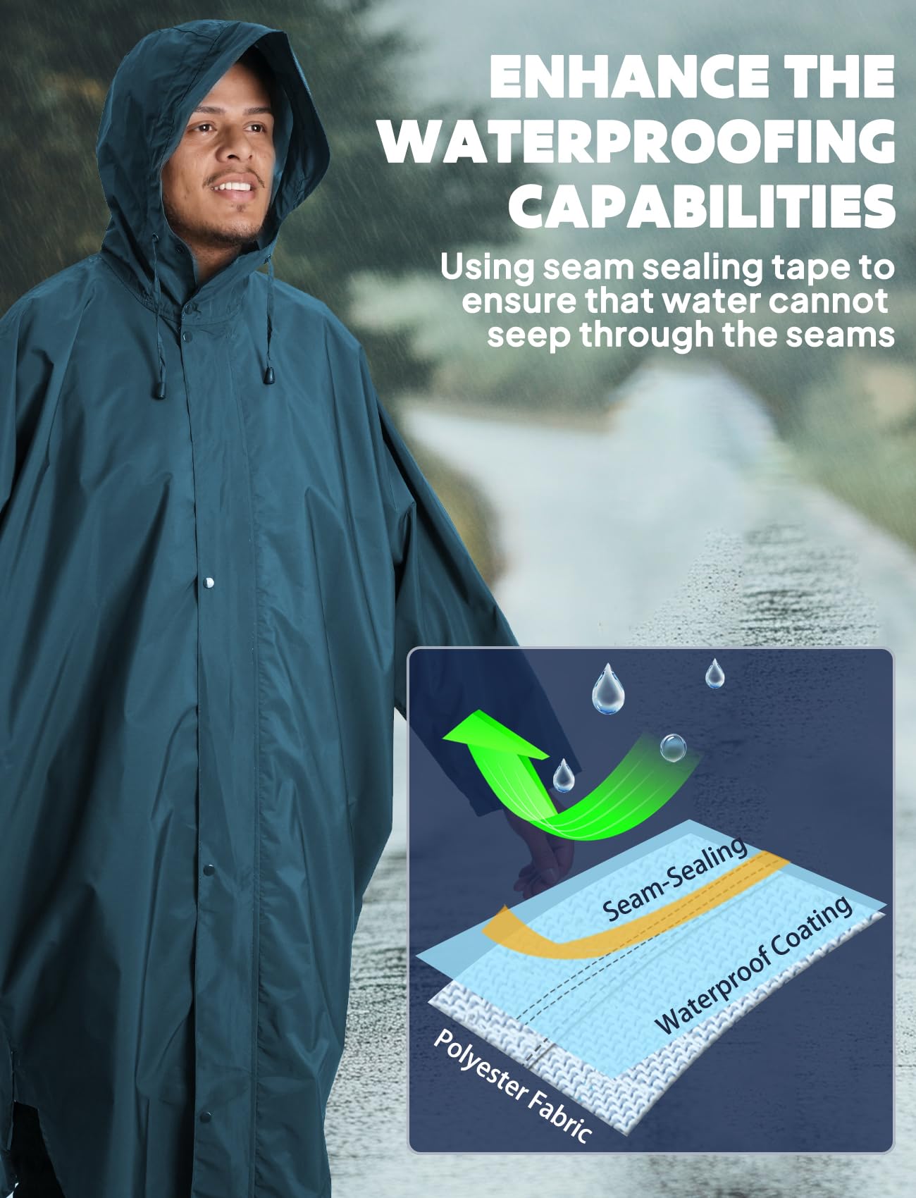 ANYOO Poncho de pluie imperméable avec capuche et manches, Léger manteau de pluie avec poche pour femmes et hommes pour la randonnée, le cyclisme en plein air, taille unique