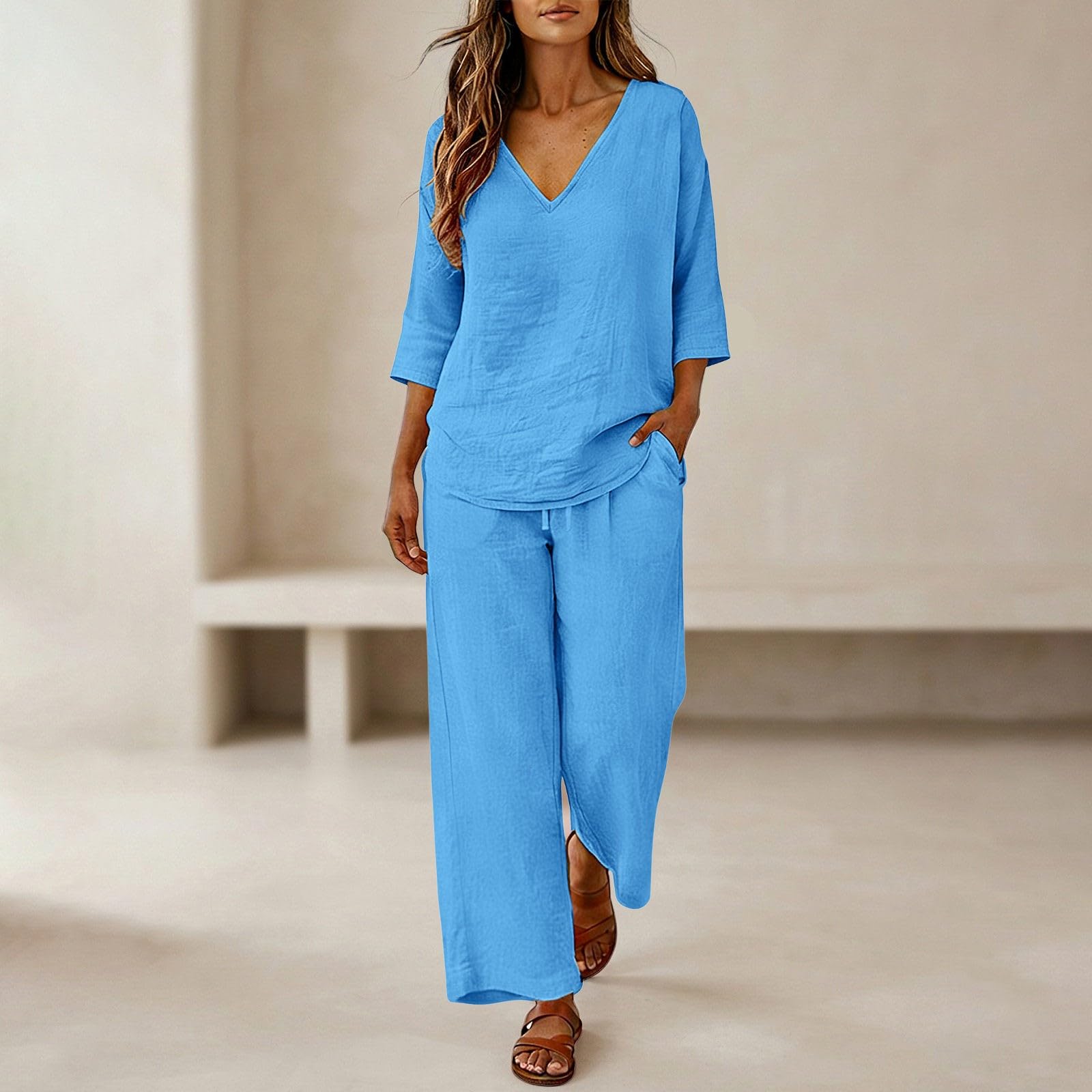 Completo Coordinato Donna, Maglia Scollo a V Maniche Tre Quarti, Pantaloni a Gamba Larga con Coulisse e Tasche Laterali, Abbigliamento Vacanza Estiva Comodo Quotidiano