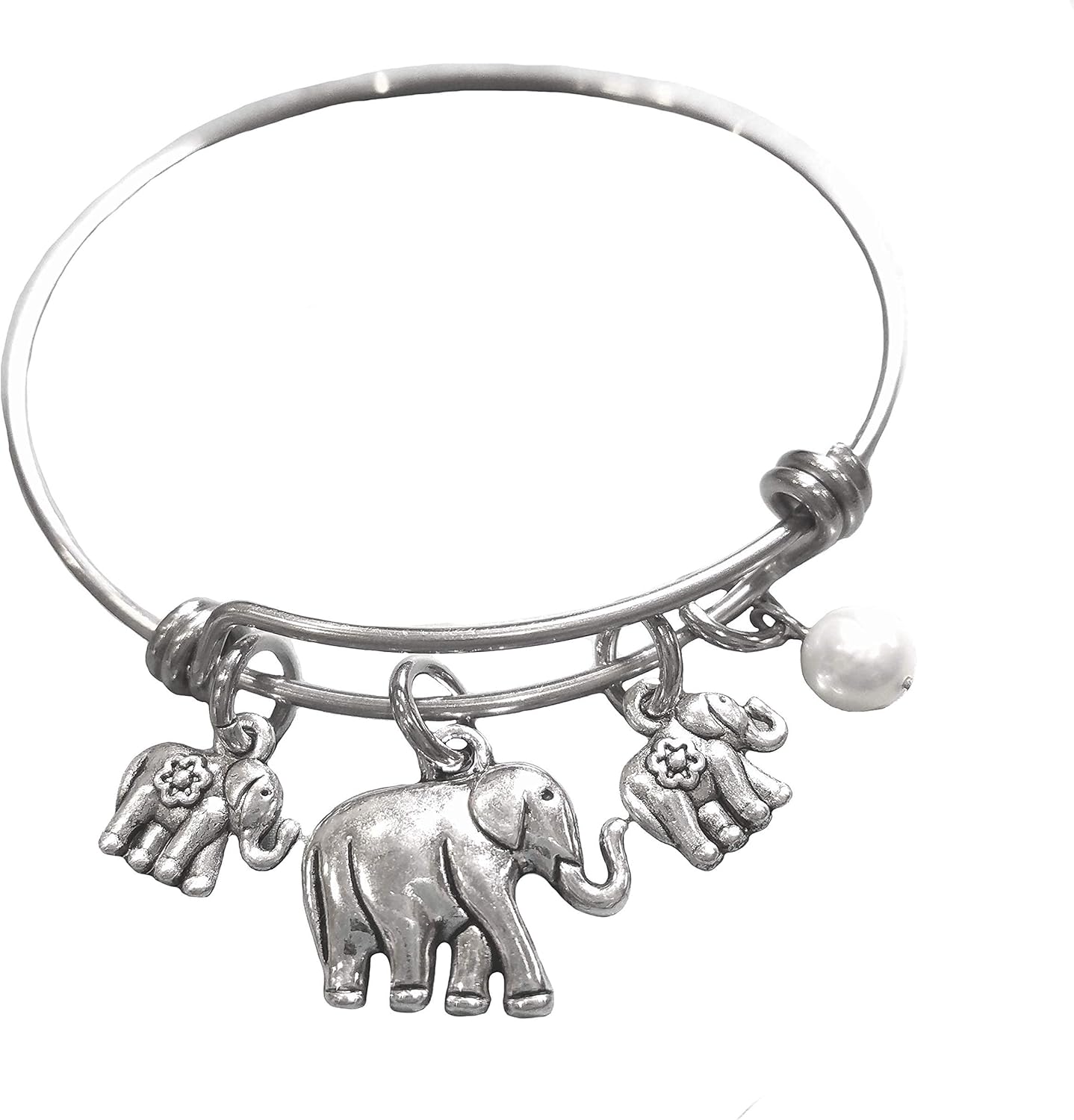 Elephant Pearl Handmade Bracelet on a Stainless Steel Expandable Bangle