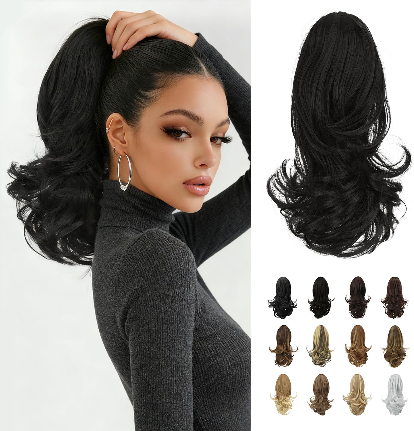 SOFEIYAN 13" Ponytail Extension Long Curly Ponytail Clip in Claw Hair Extension Natural Looking Synthetic Hairpiece for Women, Natural Black