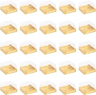 VALICLUD 50pcs Golden Mini Cake Boxes Clear Cake Box Macaron Boxes Square Dessert Boxes Mini Cupcake Boxes Packaging 2.1in/5.5cm Cupcake