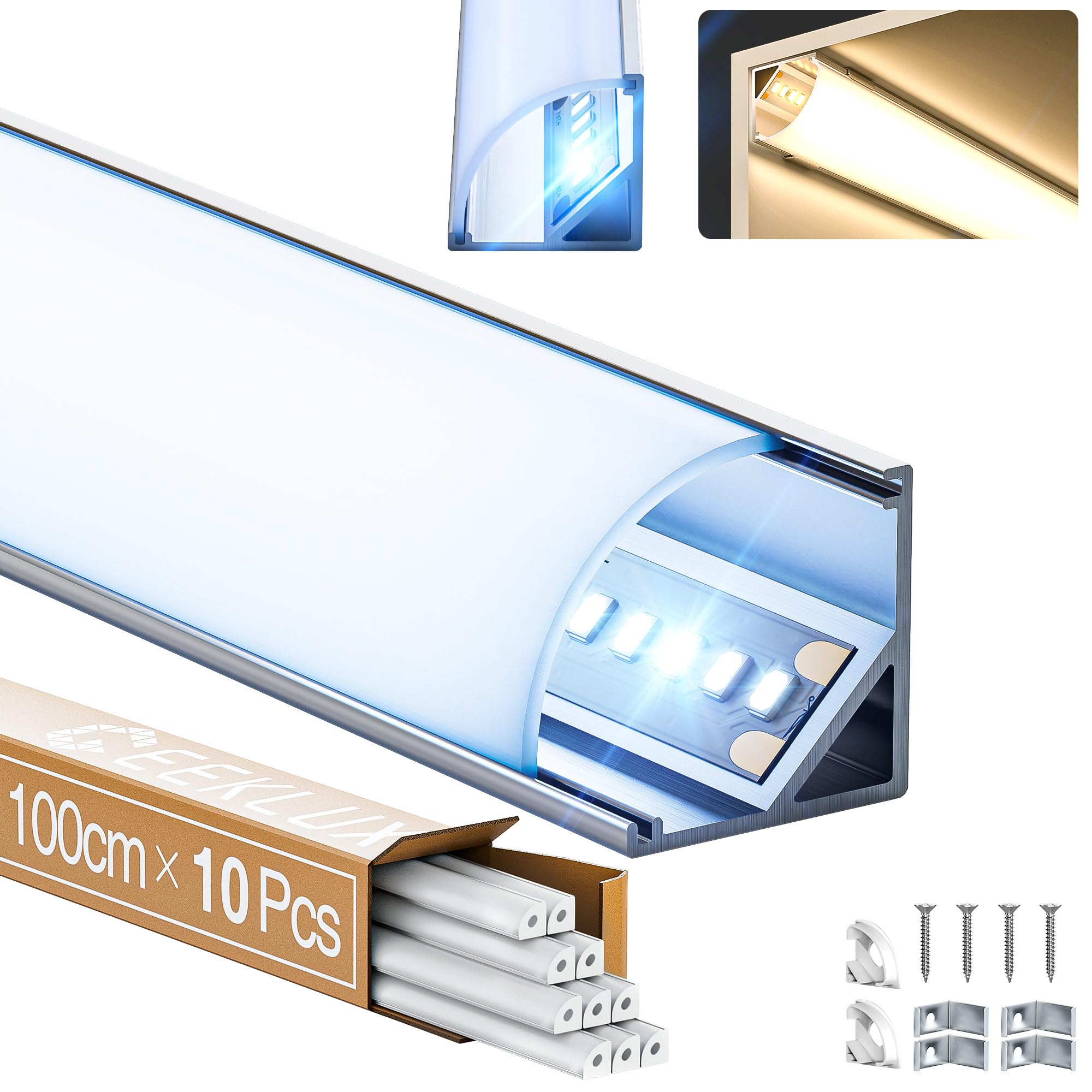 GEEKLUX 10x Profili Angolari Alluminio da 1 Metri (Totale 10m) per Strisce Led, Canalina Led e Profilo Led Grigio, Max Striscia Led 10 mm - Dimensione 15.8 x 15.8mm