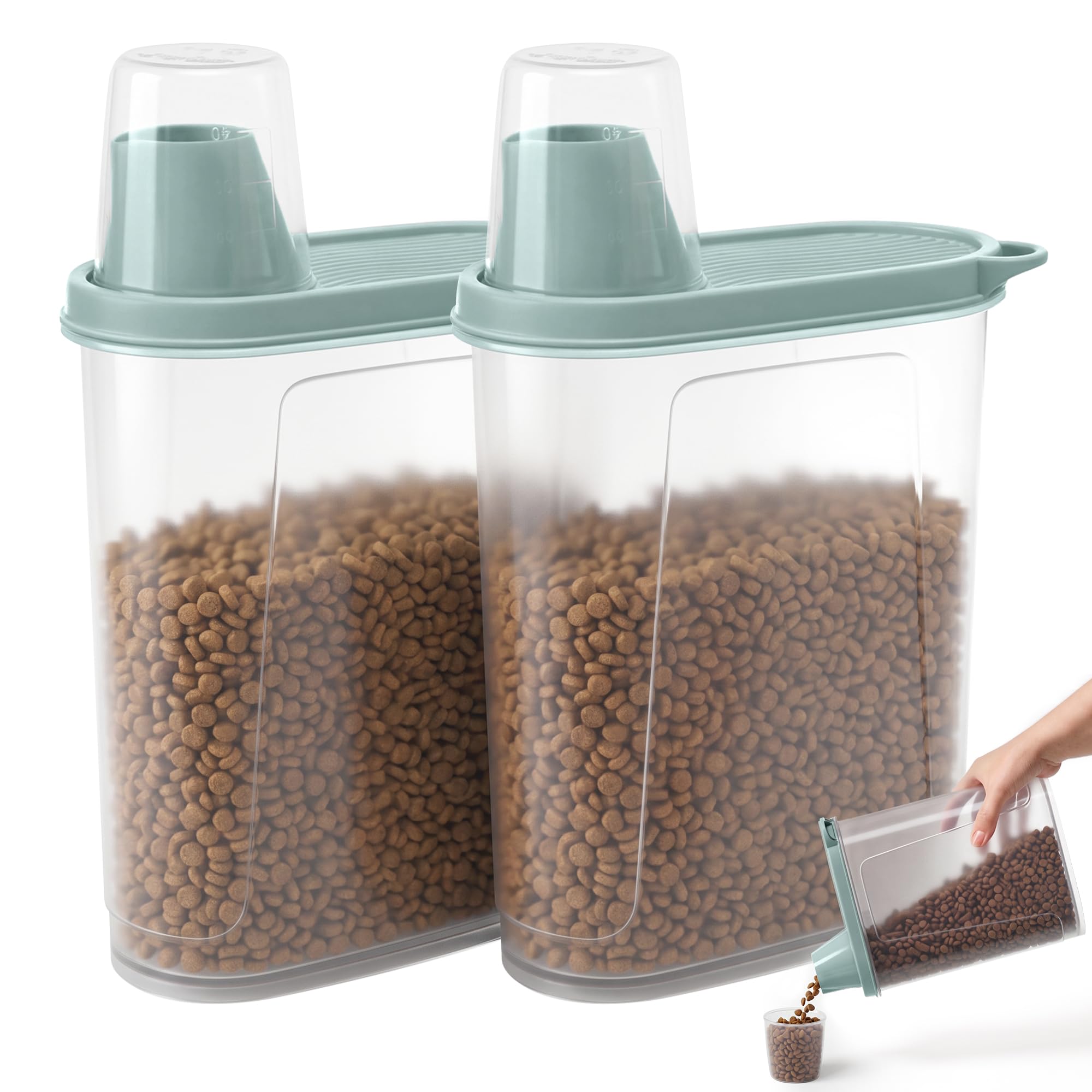 Citylife 2 Pack Dog Food Container Airtight Cat Pet Food Storage Container with Measuring Cup Pour Spout Food Dispenser for Dog, Cat, Bird, 16.7 * 7.5 * 22.8cm, 2 * 2.3 L(Green)