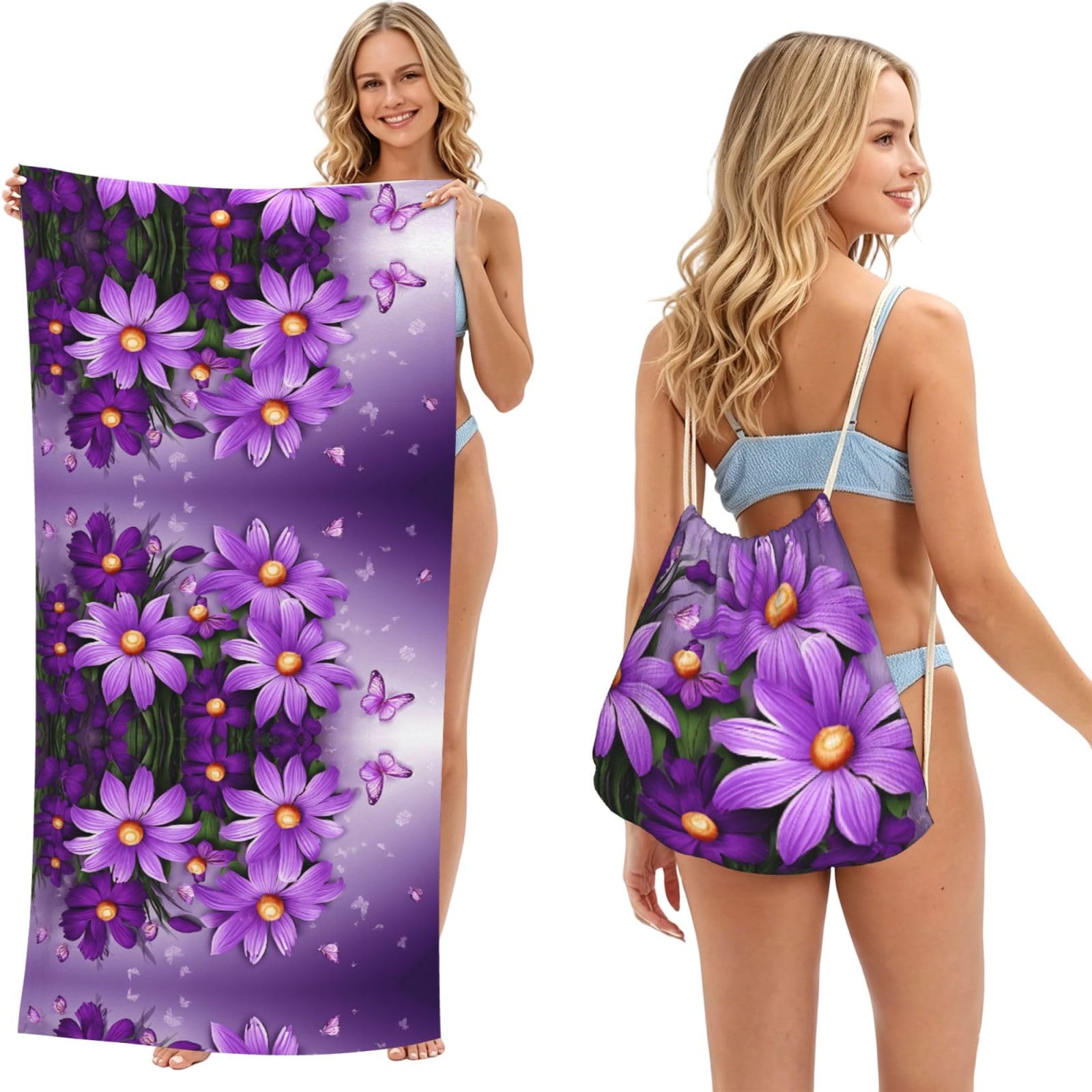 EZDLOWVBA Purple Plum Butterfly Print Beach Towel Backpack 2 In 1 Summer Large Lightweight Beach Towel - Multifunctional Ship Pattern Towel Bag For Storage,Sport