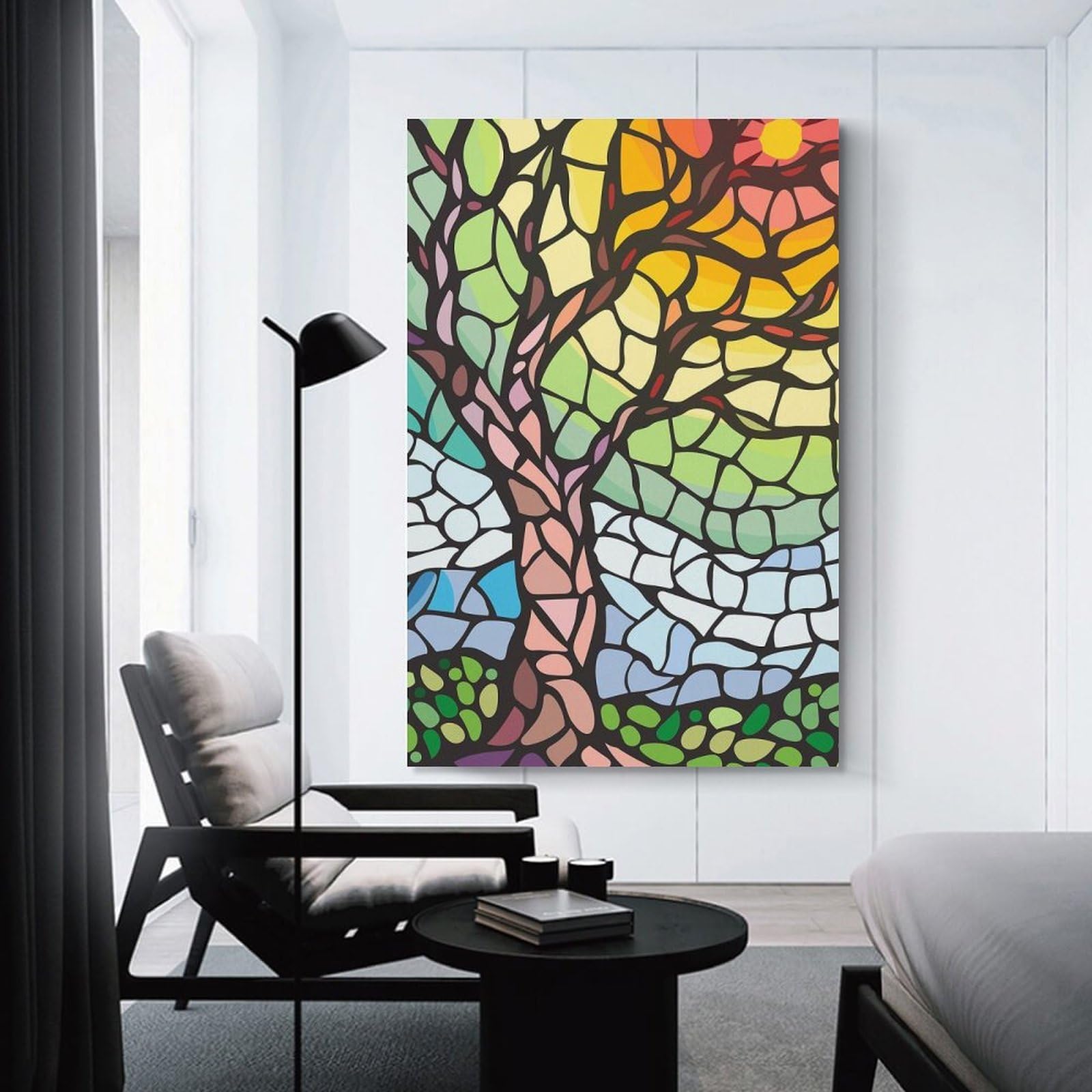 Junmoney Stained Glass Tree with Sun Decorative Canvas Print, 20x30inch(50x75cm), for Hallway, Bedroom Or Modern Interiors, Gift Idea for Housewarming And Birthdays