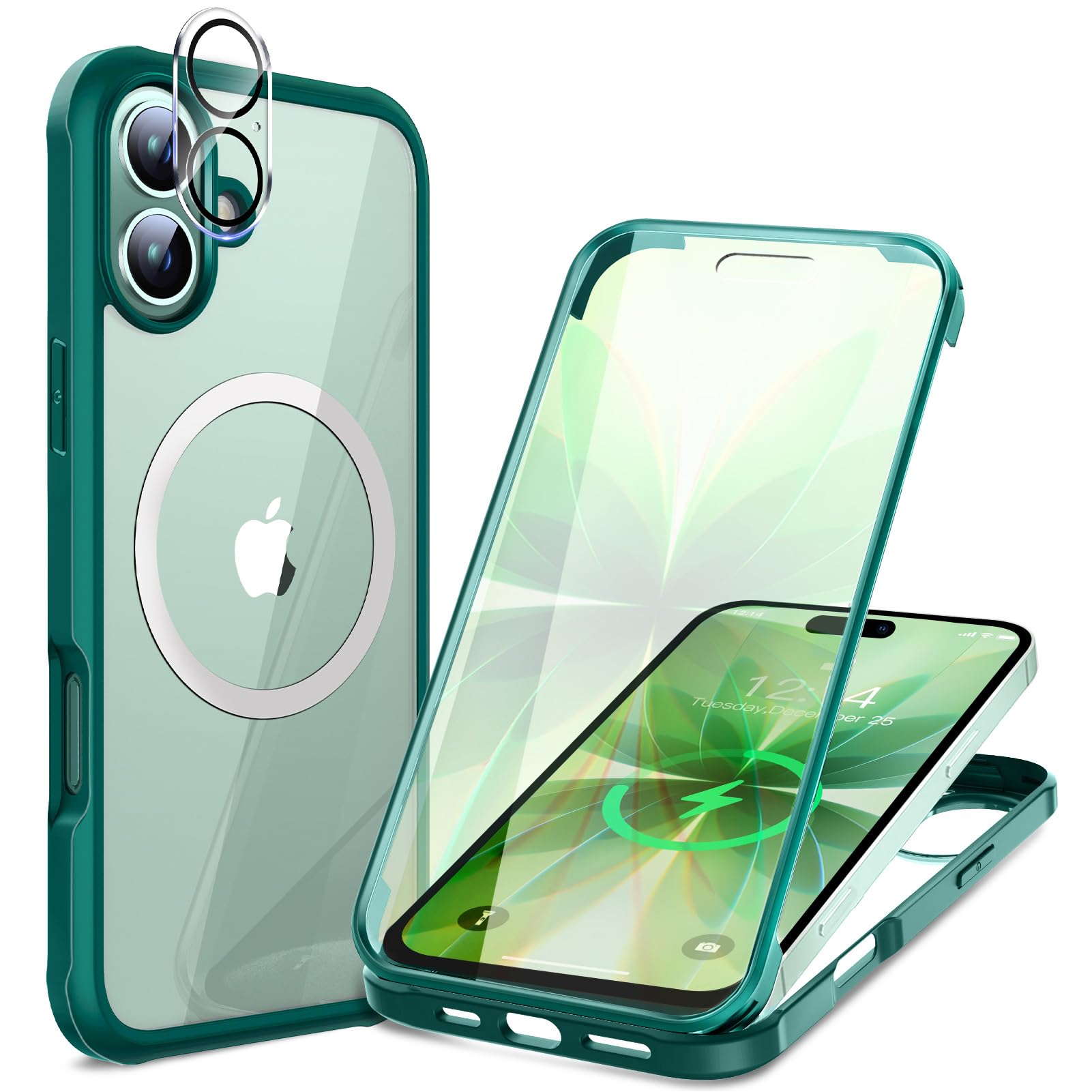 【両面強化ガラス・驚異的な耐衝撃性】HAUTRKBG iPhone 17 用 ケース クリア 全面保護 [MagSafe対応] [カメラフイルムを贈] 高タッチパネル感度 マグセーフ ワイヤレス充電対応 米軍MIL規格取得 耐衝撃 アイフォン 17 透明 マグセーフ ケース・スマホケース iPhone 17 人気 6.3インチ(グリーン)
