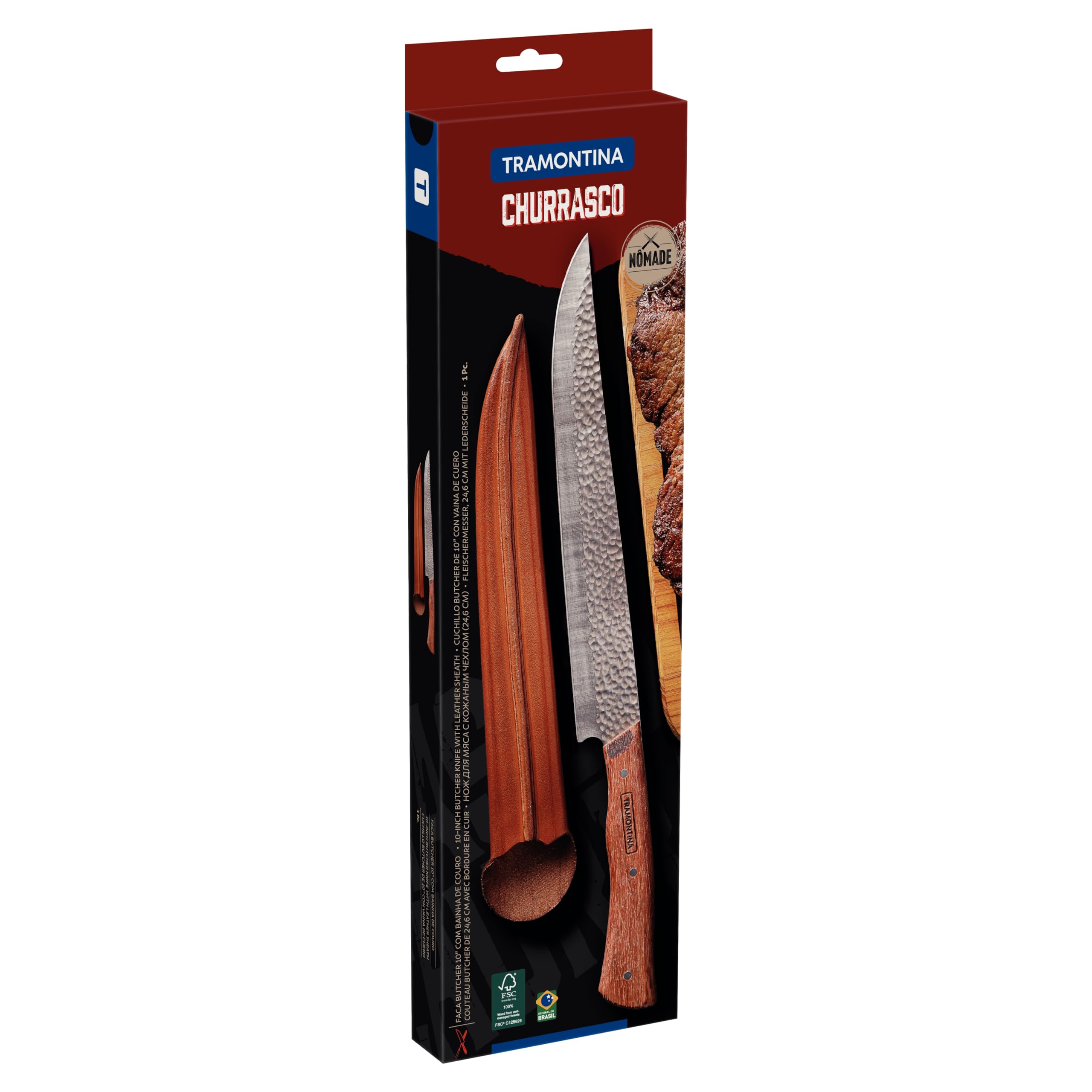 Tramontina NÔMADE Fleischmesser, Edelstahl AISI 420, 25 cm Klinge, Hammerschlag-Finish, FSC-Holzgriff, mit Leder-Etui, Tranchiermesser, BBQ, Grill
