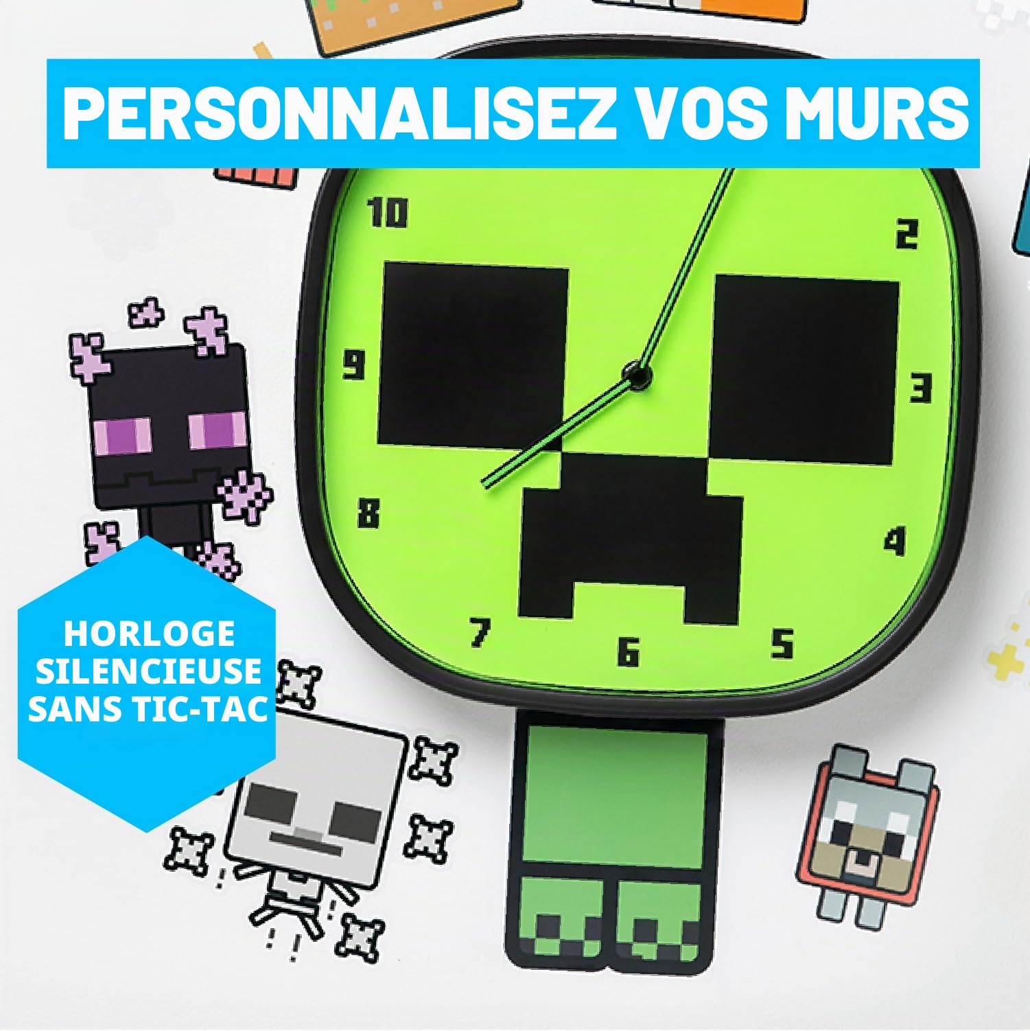Minecraft Horloge Murale Creeper Lumineuse dans Le Noir - Horloge Silencieuse Officielle, Inclut 3 Feuilles de Décalcomanies Retirables