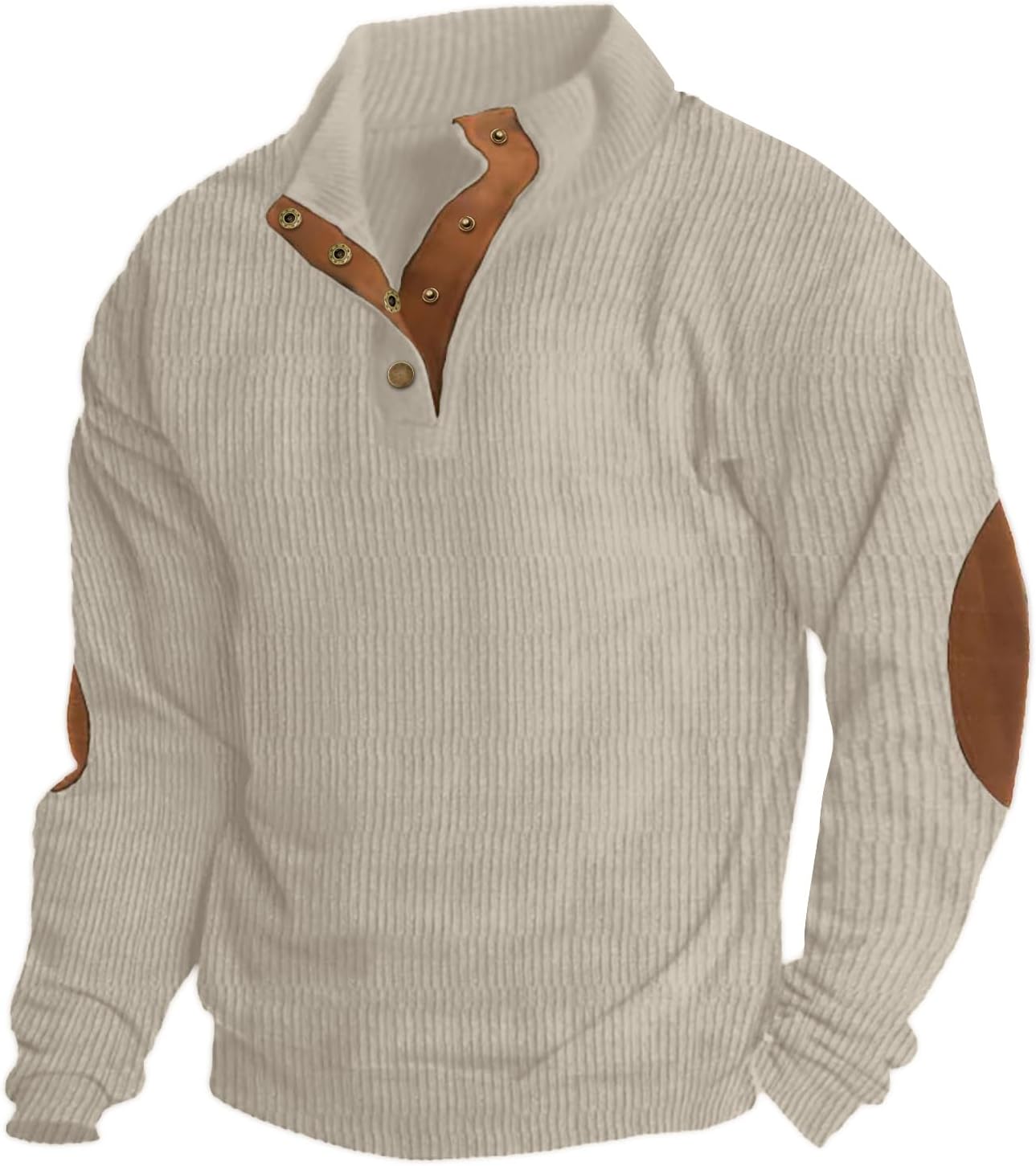 Men’s Casual Corduroy Sweatshirt Long Sleeve Stand Collar 1/4 Button Pullover Fall Polo Sweater with Elbow Patches Beige, L