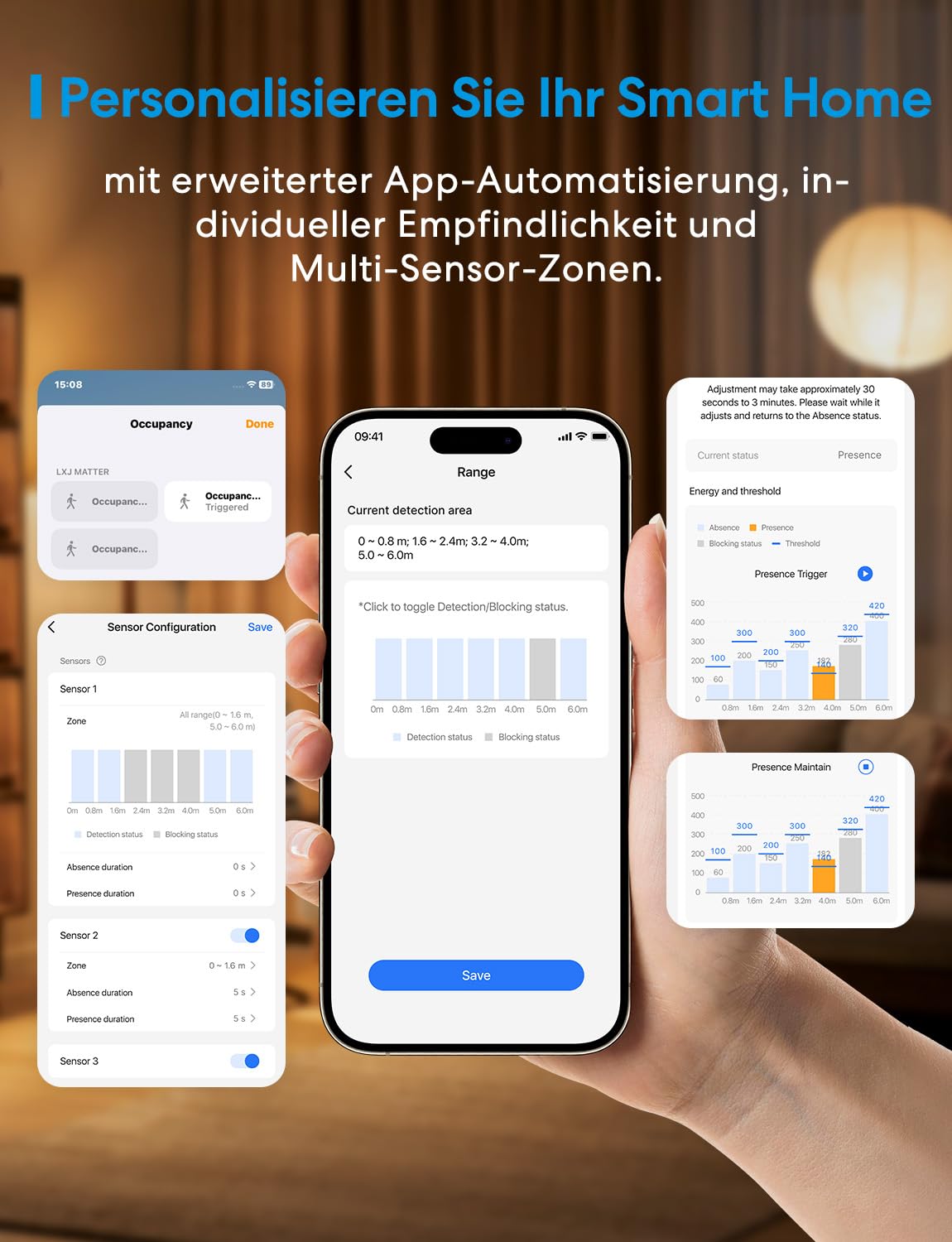 Meross Präsenzmelder Matter Over Thread, Smart Anwesenheitssensor IP67 mit 3-Zonen-Erkennung, Bewegungsmelder Innen Batteriebetrieben Kompatibel mit Apple HomeKit, Home Assistant, Alexa, Google Home
