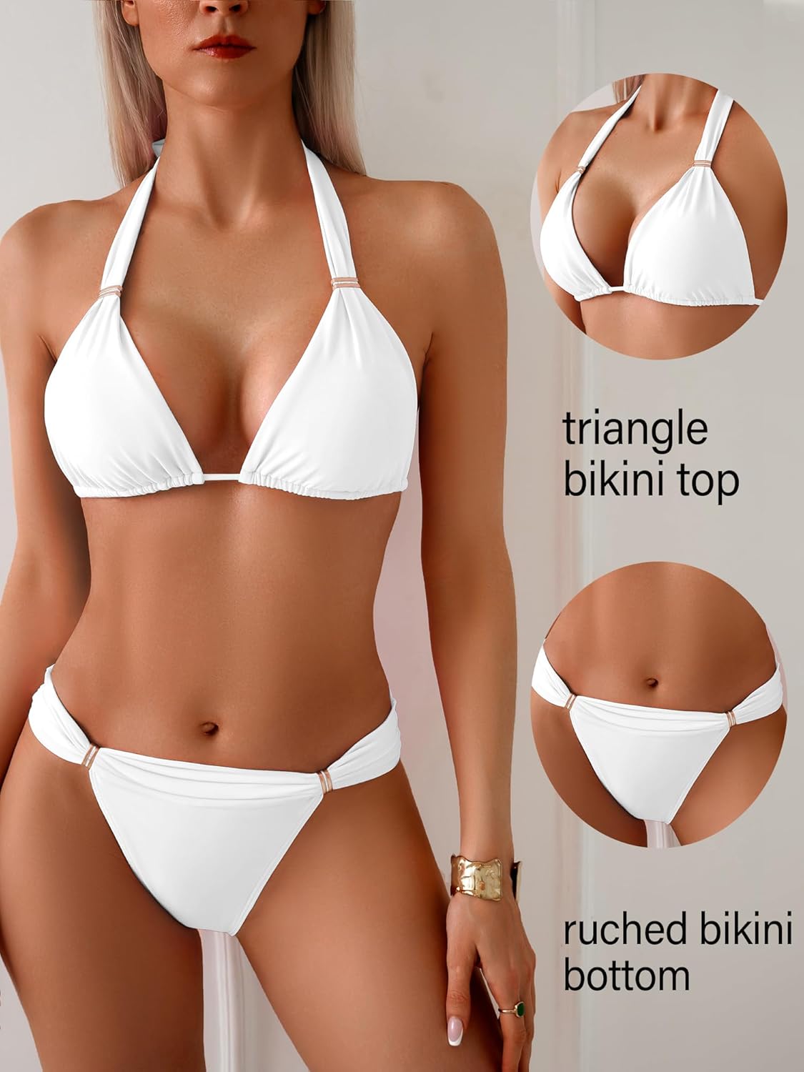 TASHEHE Women's Triangle Ruched Bikini Set Sexy Two Piece Swimsuit Halter Sliding Rings Bathing Suit