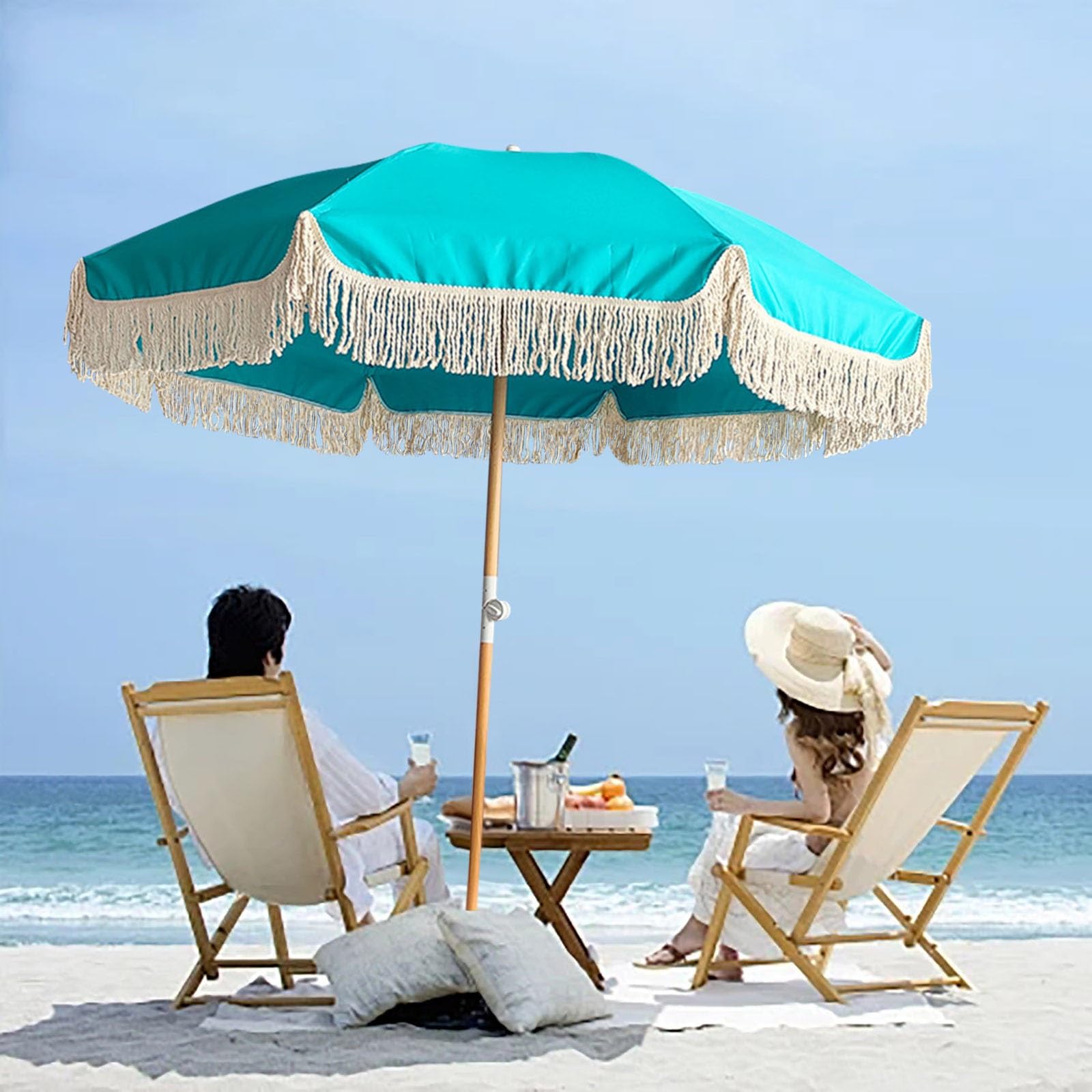 Ombrellone da spiaggia Boho regolabile da 180 cm, blu e verde, compatto, antivento, con frange, ideale per patio, piscina, giardino e giardino, con borsa per il trasporto.