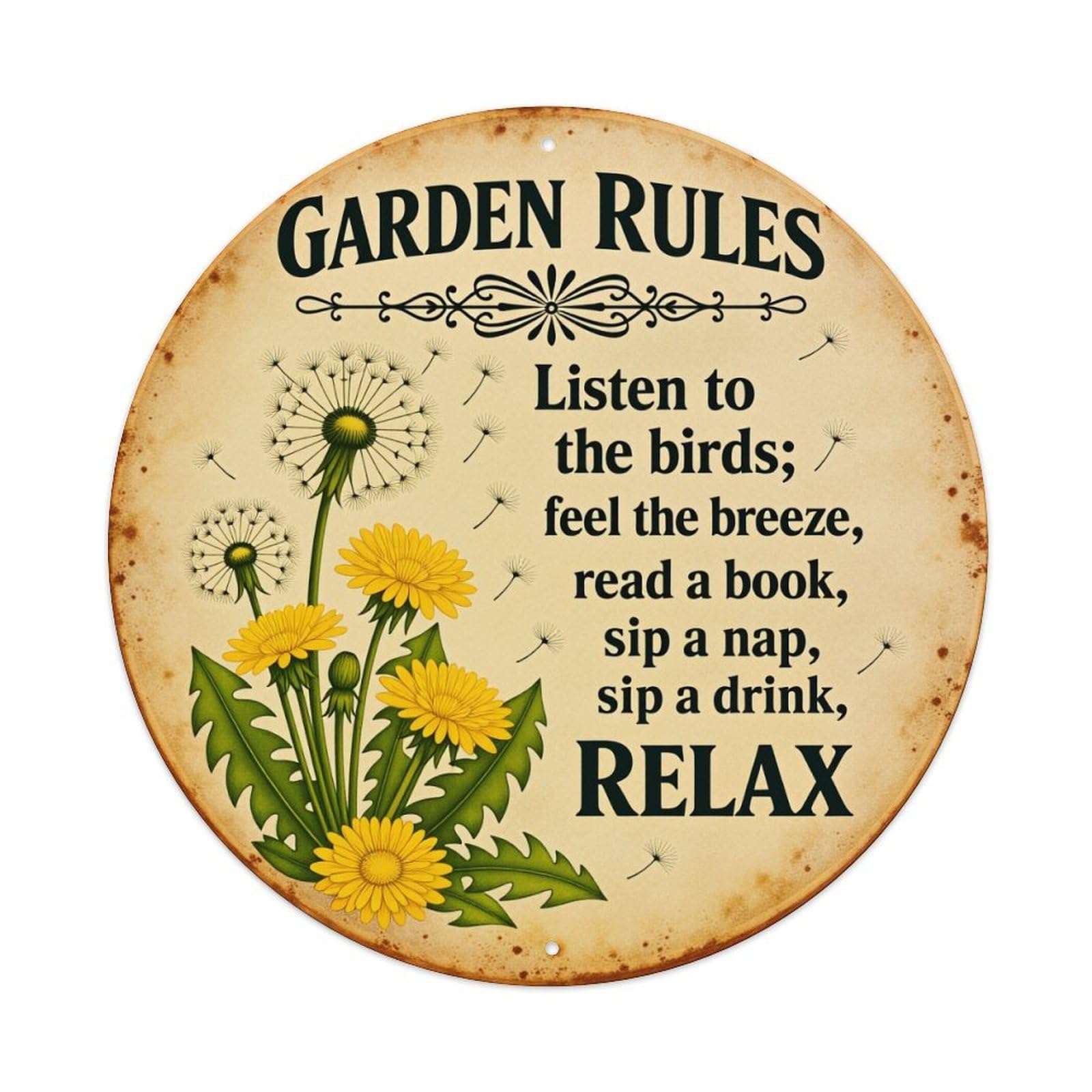 Garden Rules Dandelion Flowers Relaxation Round Tin Sign Vintage Style Metal Sign Home Bar Garden Wall Plaque Decor Metal Poster 8x8 Inch