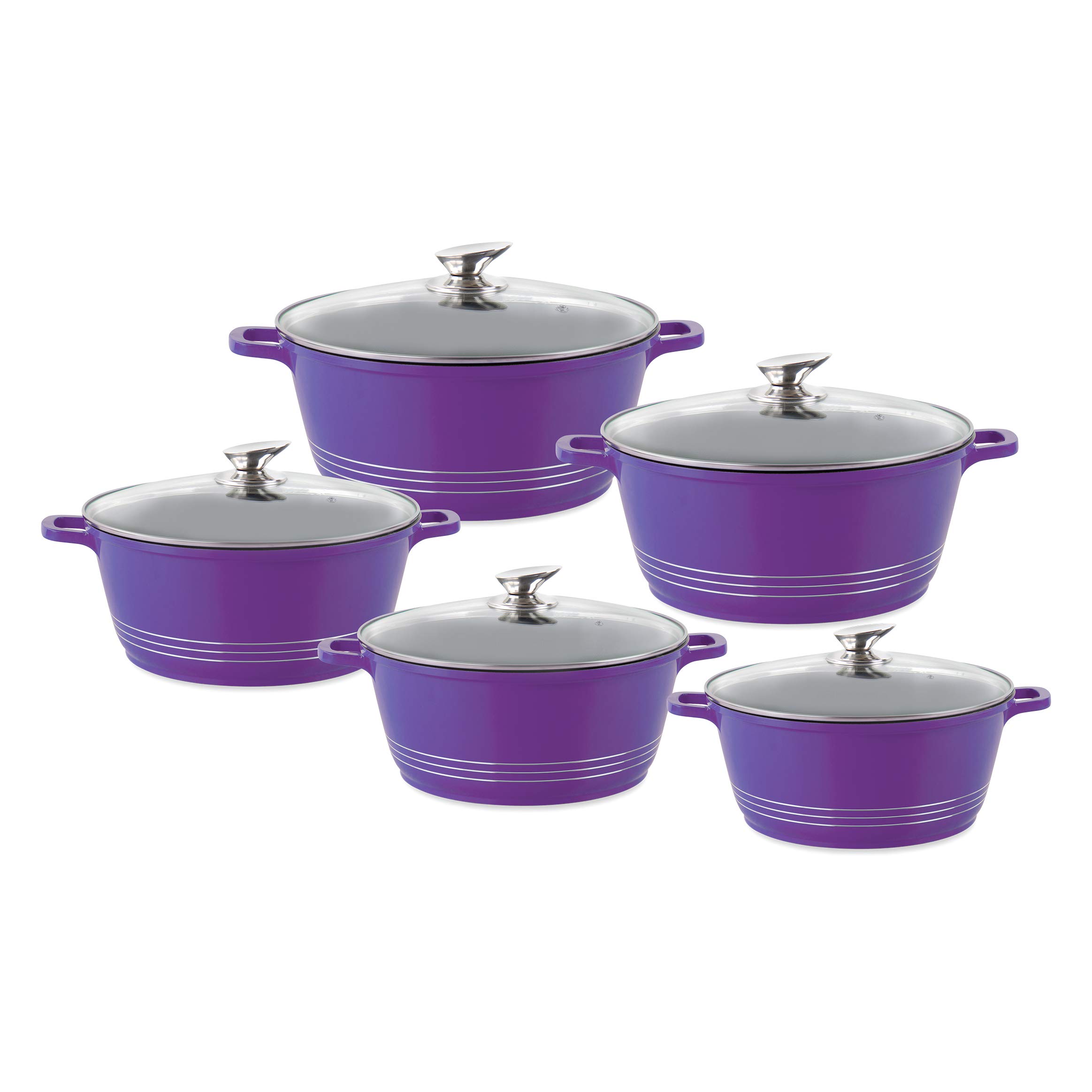 Durane Die-Cast Stockpot with Lid 5Pcs Set of Pots for Cooking Non-Stick Cooking Pot Casserole Set Glass Lid with Steam Vent Induction Casserole pan (Purple)