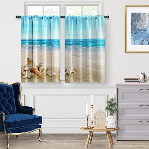 Miniatura 10 de Jekeno Cortinas de cocina con diseño de playa y océano, azul, tropical, hawaiano, verano, olas de mar, decoración con estampado de paisajes,