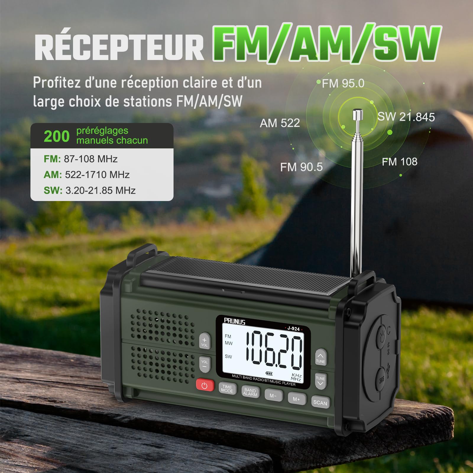 Radio Portable, PRUNUS J-924 Solaire Dynamo 10000mAh, Radio Survie avec Piles et Manivelle, Panneau Solaire, Réveil, Chargeur USB-C, Lampe de Poche et Lecture, Alarme SOS d'urgence