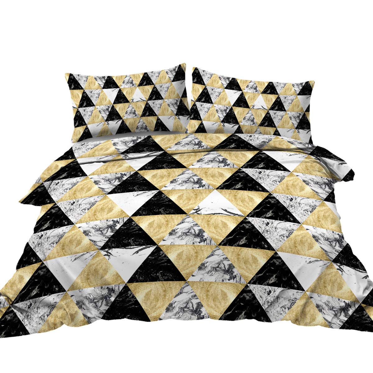 BlessLiving 3D Geometry Marble Texture Bedding Set Quilt Cover 3 Piece Black and Gold Modern Triangle Geometric Comforter Cover Abstract Marbled Bedspread (Queen)