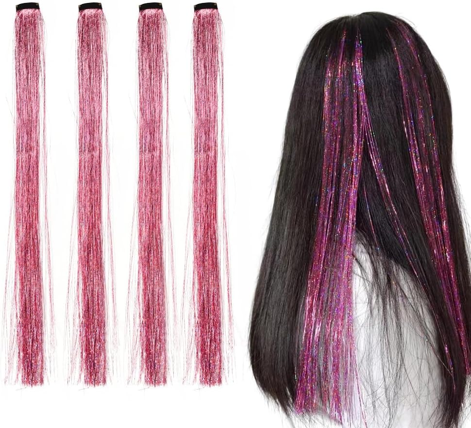 Glitter Hair Tinsel Clip In Hair Extensions Hair Sparkle Strands Pink