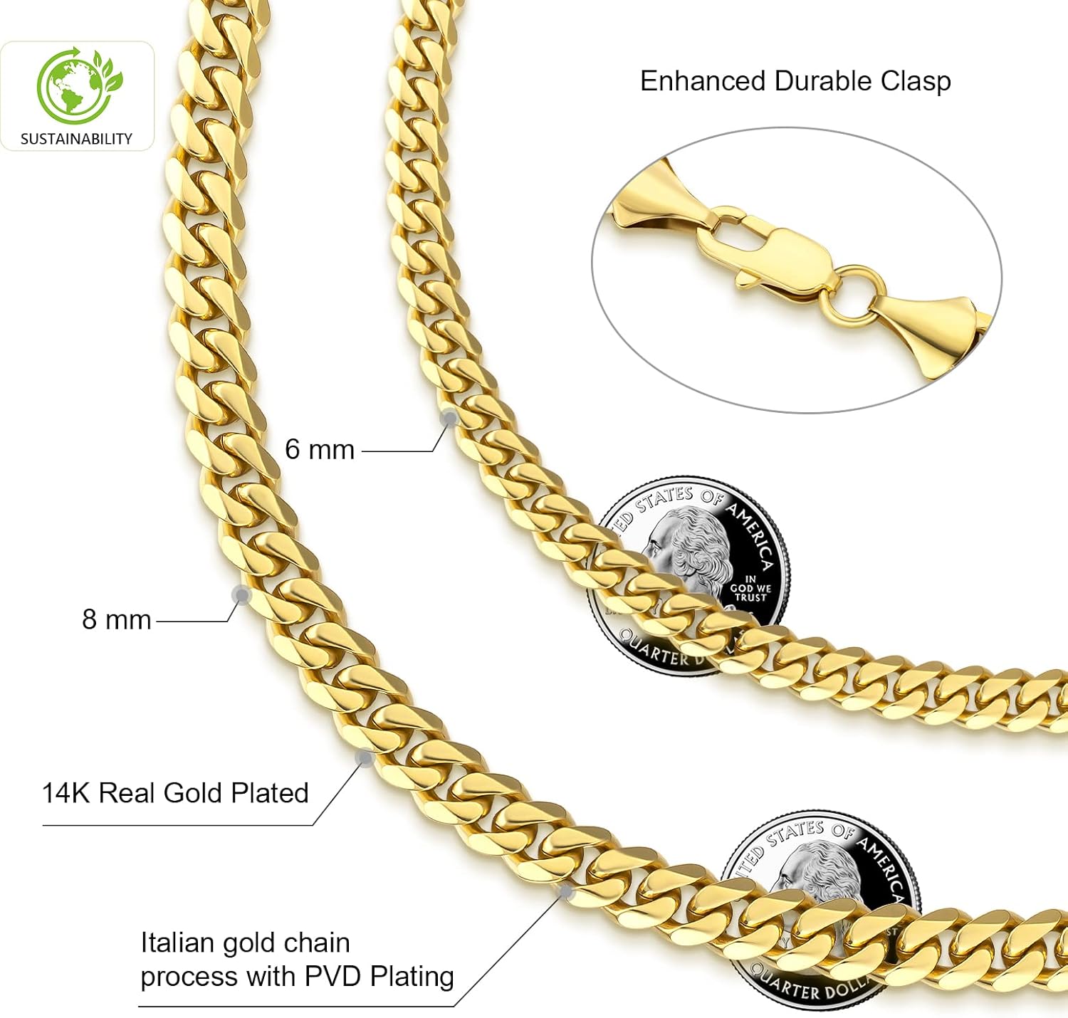 KRKC&CO 6mm Men Necklace, 6 Sides Diamond-Cut Miami Yellow Gold Cuban Link Chain（Gold-18in)