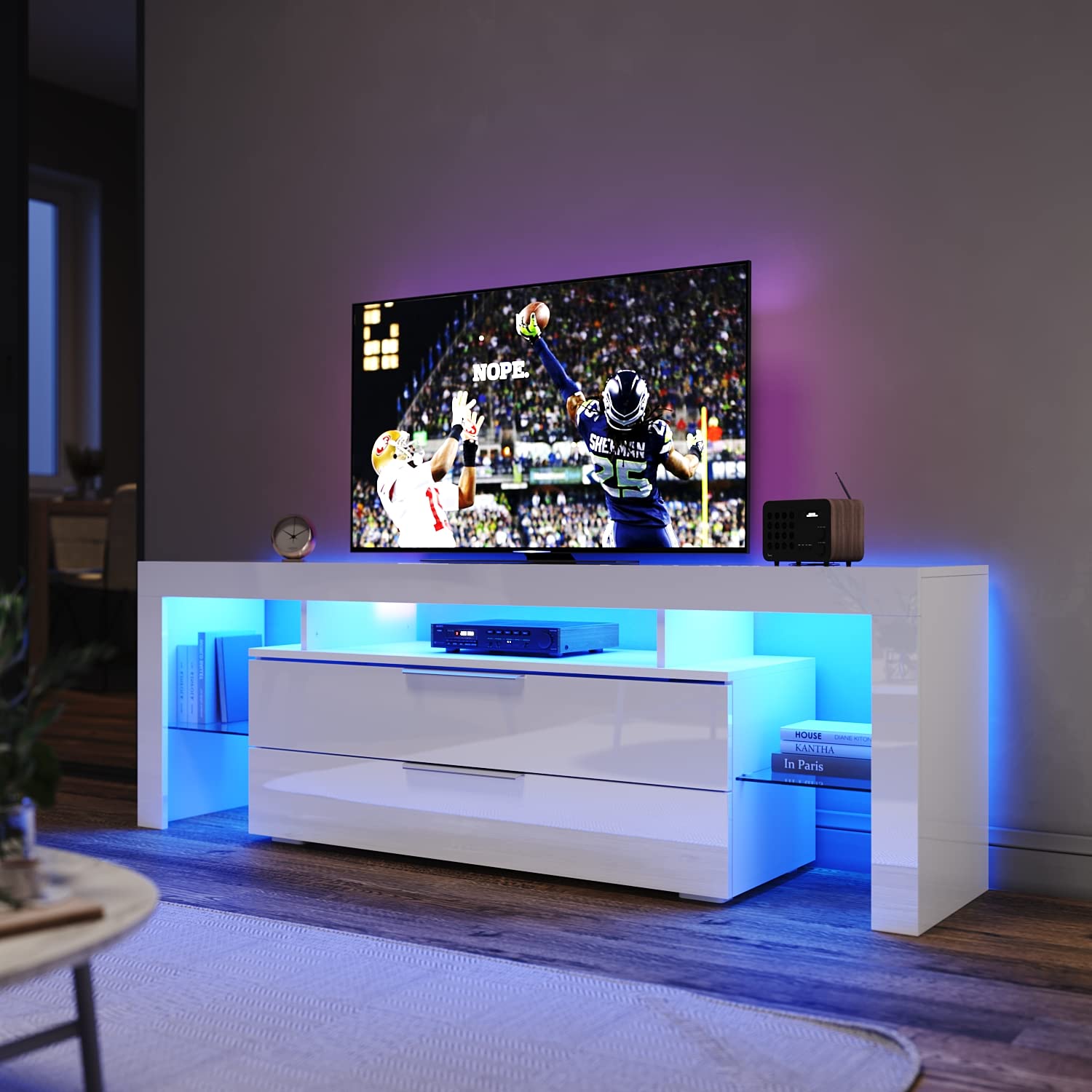 ELEGANT TV Cabinet with LED Light, 160cm TV Stand Unit with 2 Drawers ...