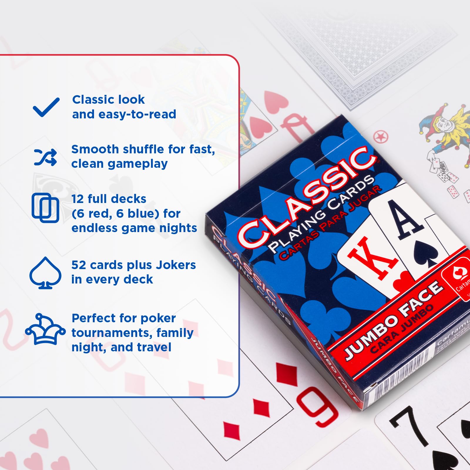Classic Playing Cards 12 Pack, Jumbo Index, Red and Blue Casino Quality Decks, Bulk Playing Cards for Poker, Black Jack, Euchre, Card Games, and Family Game Night