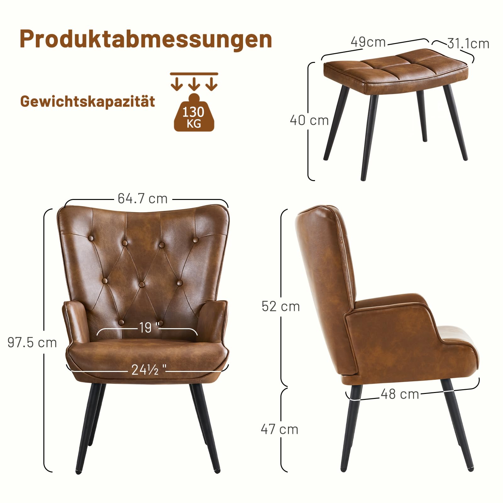 Sessel mit Hocker, Ohrensessel mit Hocker aus PU-Kunstleder, Sessel Wohnzimmer Relaxsessel mit Fußstütze Loungesessel Polstersessel fürs Wohnzimmer Schlafzimmer Arbeitszimmer, Braun