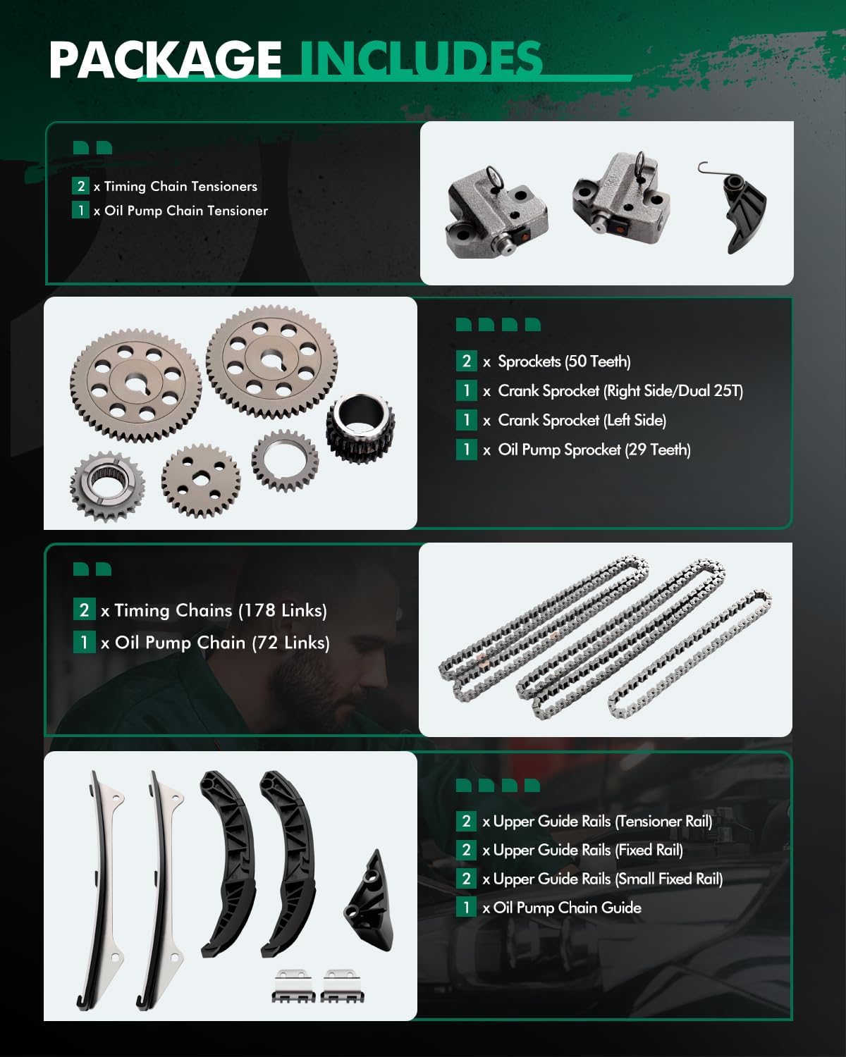 SCITOO Engine Timing Chain Kit W/Tensioner Guide Replaces for Hyundai Azera Santa Fe Sonata for Kia Sedona Sorento 2006 2007 2008 2009 2010 2011 2012 2013 3.3L 3.5L TK10880 TK680