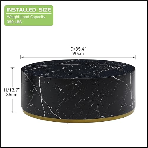 Miniatura 2 de JUSTONE Mesa auxiliar negra de 35.43 pulgadas de ancho con fondo de borde dorado y textura de mármol, mesa auxiliar redonda para sala de estar,